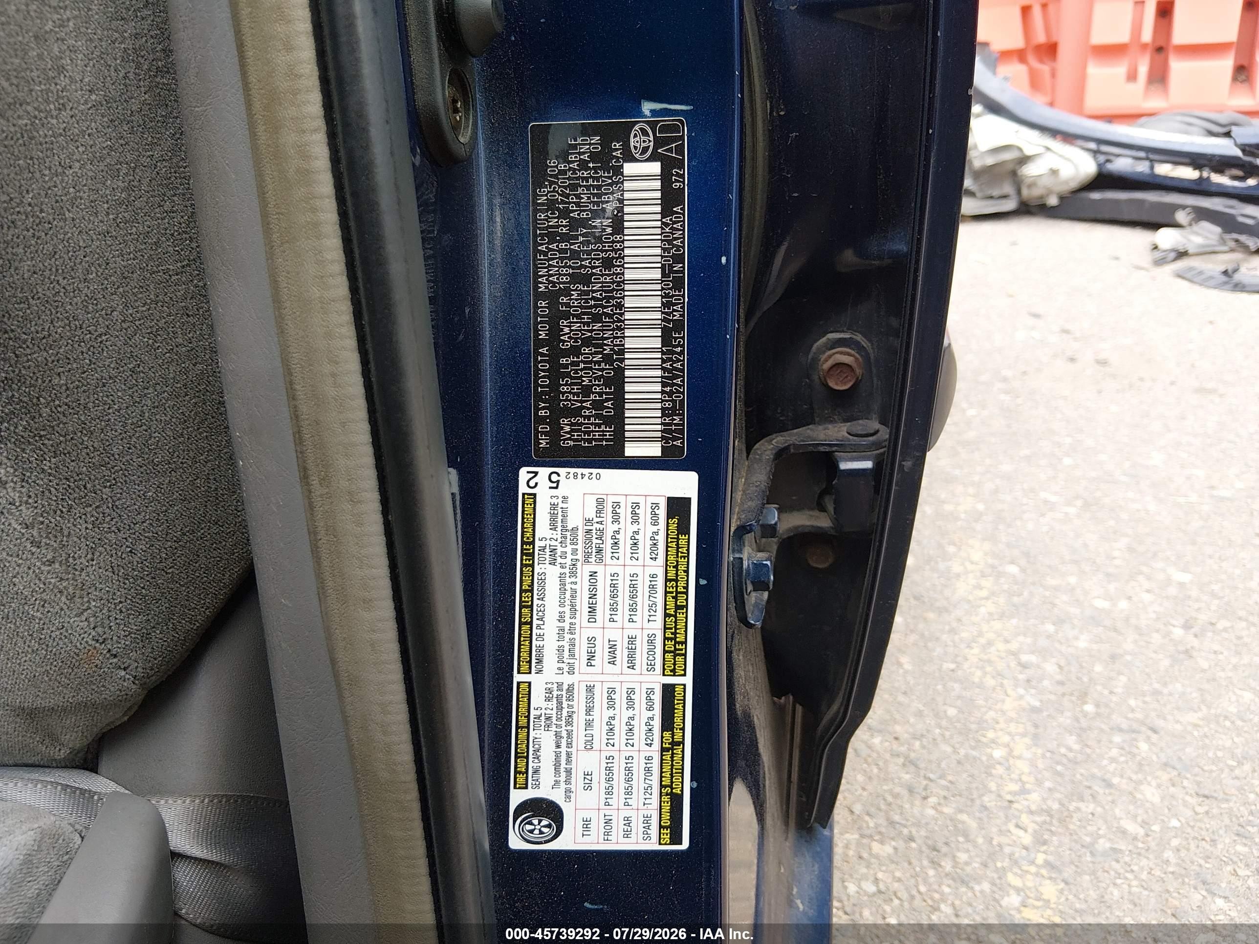 2006 Toyota Corolla Ce Blue vin: 2T1BR32E36C686588