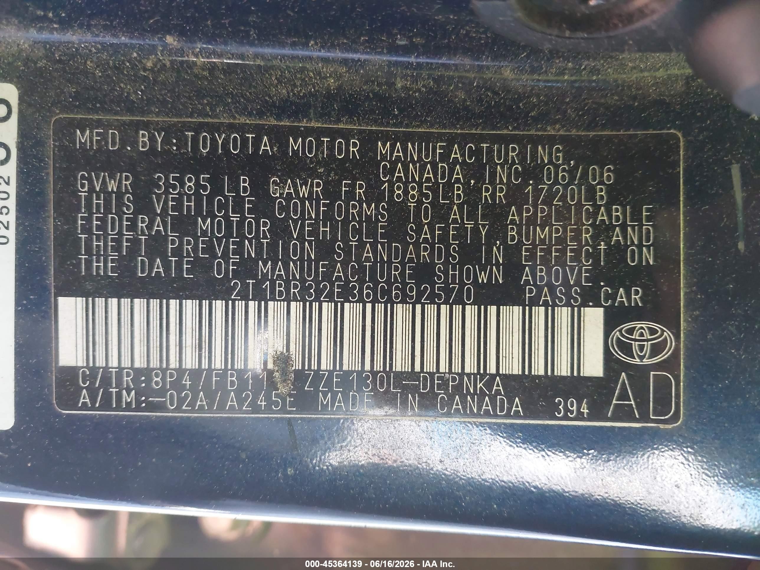 2006 Toyota Corolla Le Dark Blue vin: 2T1BR32E36C692570