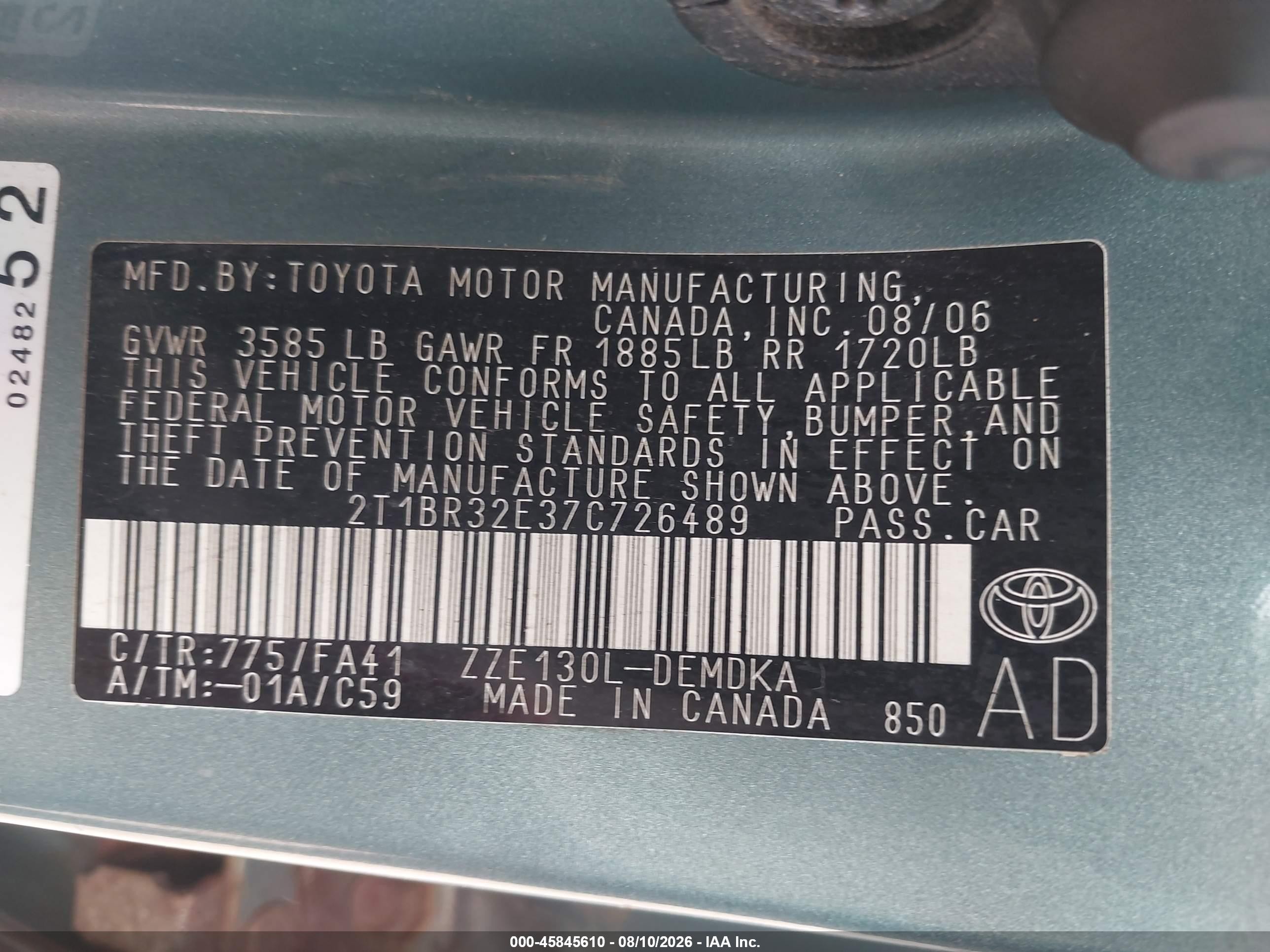 2007 Toyota Corolla Ce Green vin: 2T1BR32E37C726489