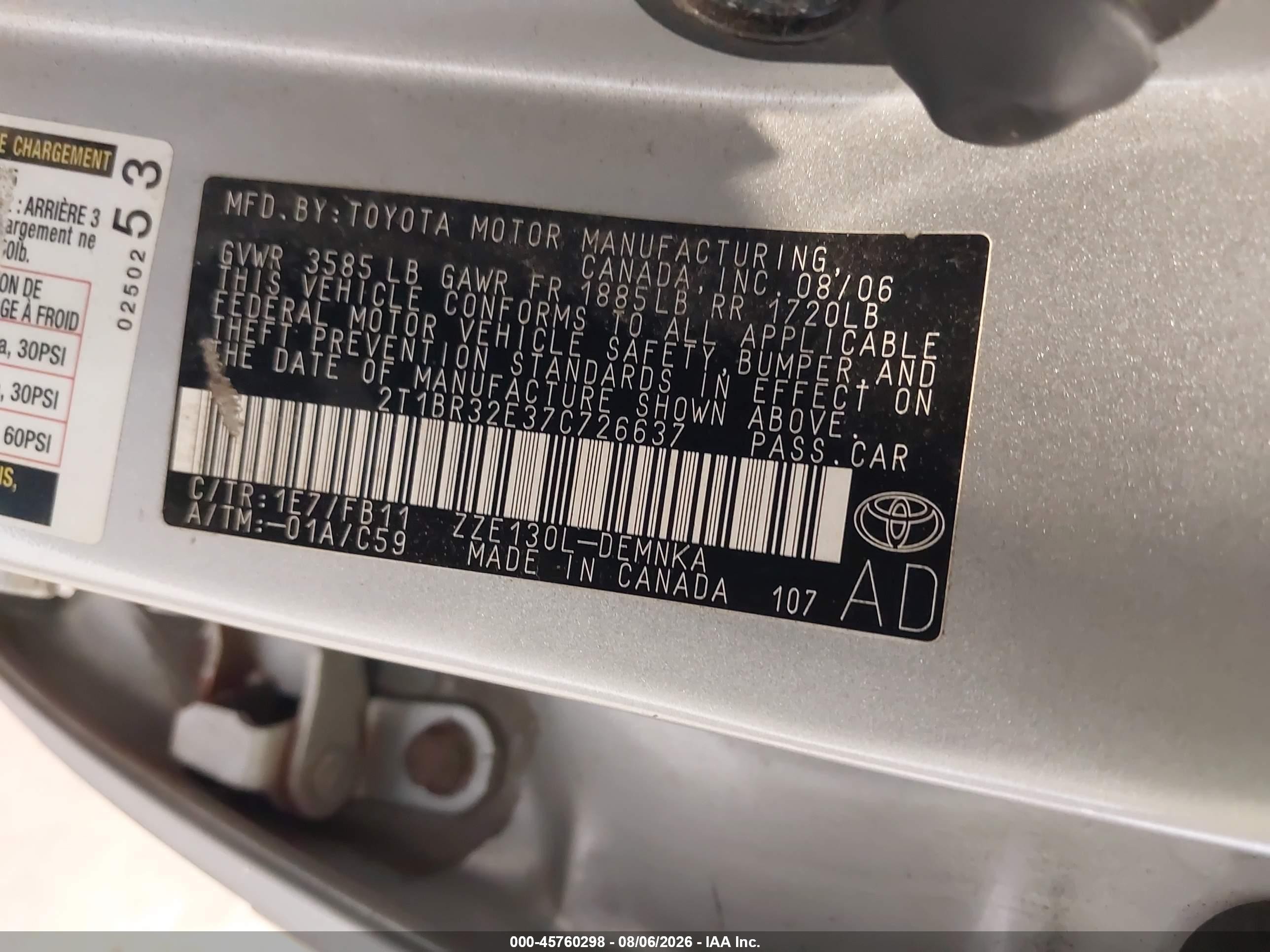 2007 Toyota Corolla Le Silver vin: 2T1BR32E37C726637