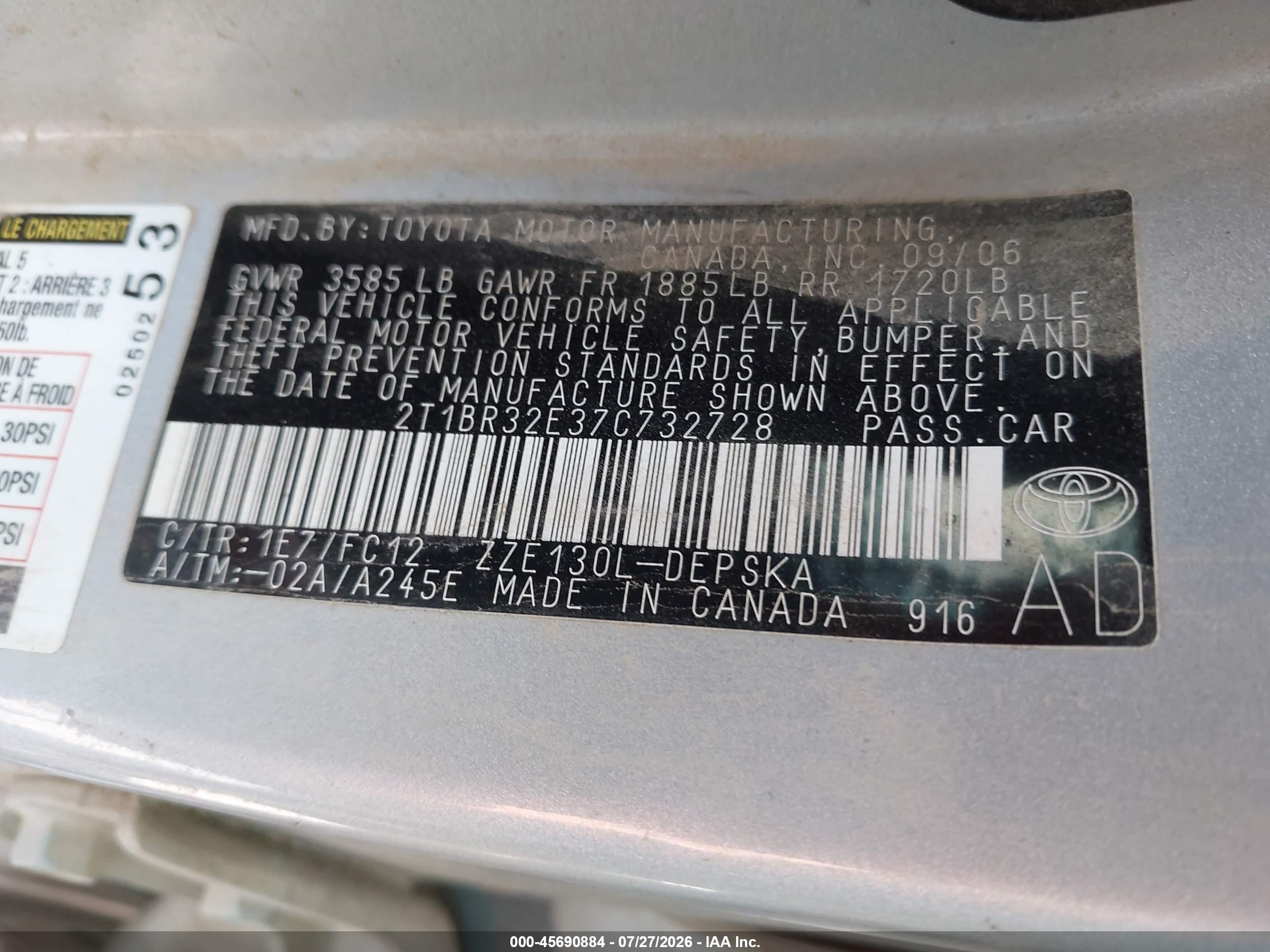 2007 Toyota Corolla S Silver vin: 2T1BR32E37C732728