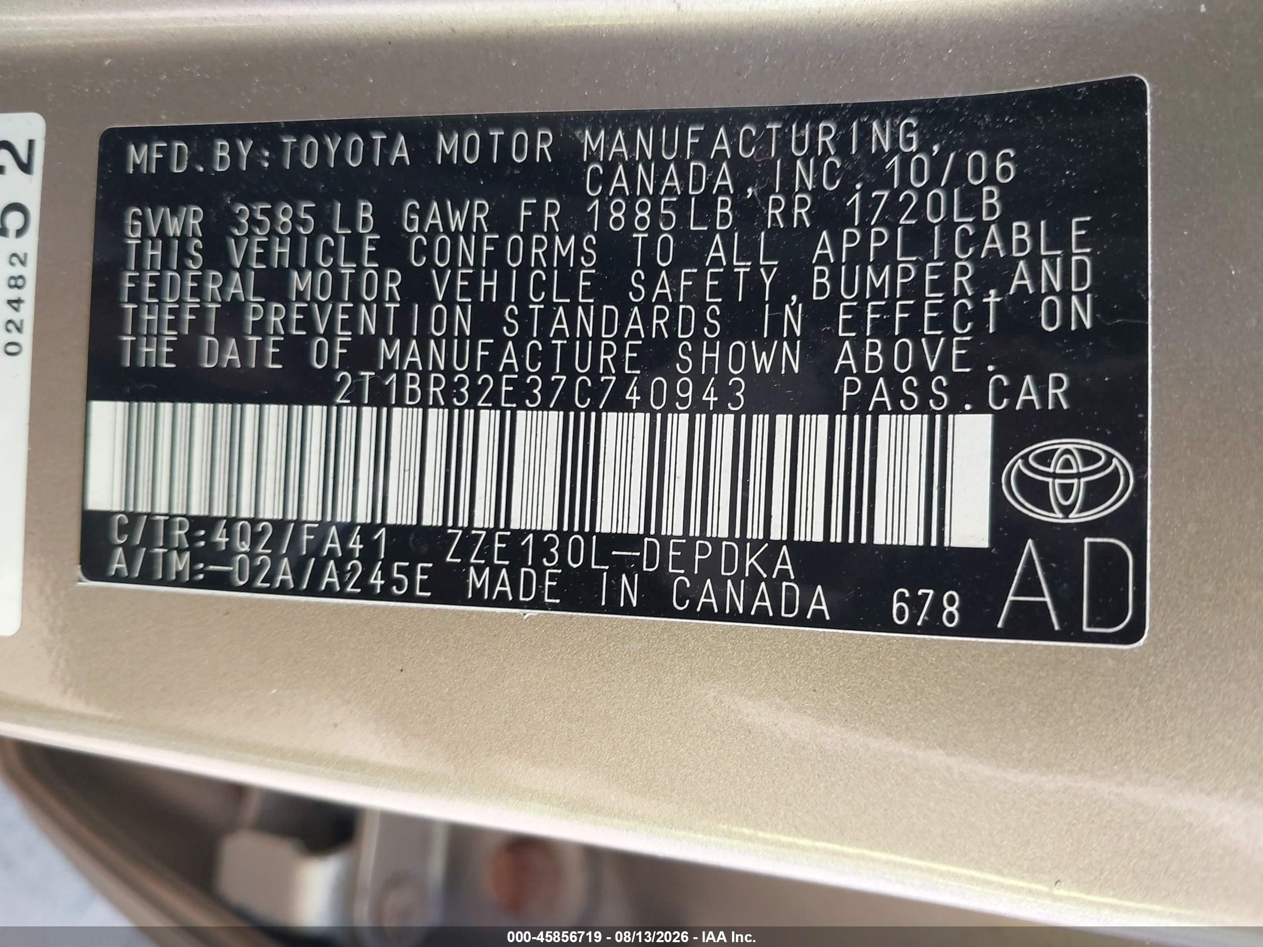 2007 Toyota Corolla Ce Champagne vin: 2T1BR32E37C740943