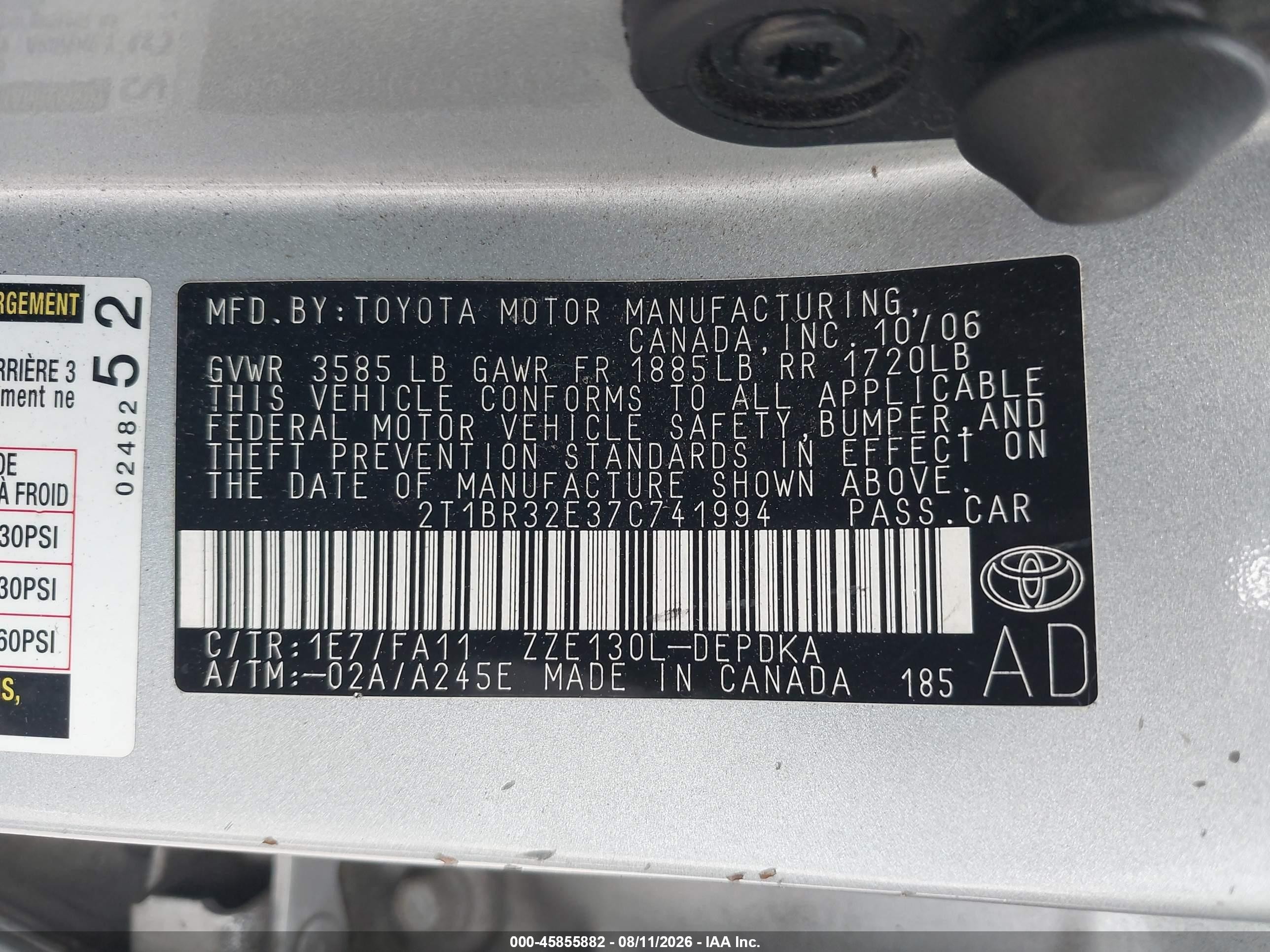 2007 Toyota Corolla Ce Silver vin: 2T1BR32E37C741994