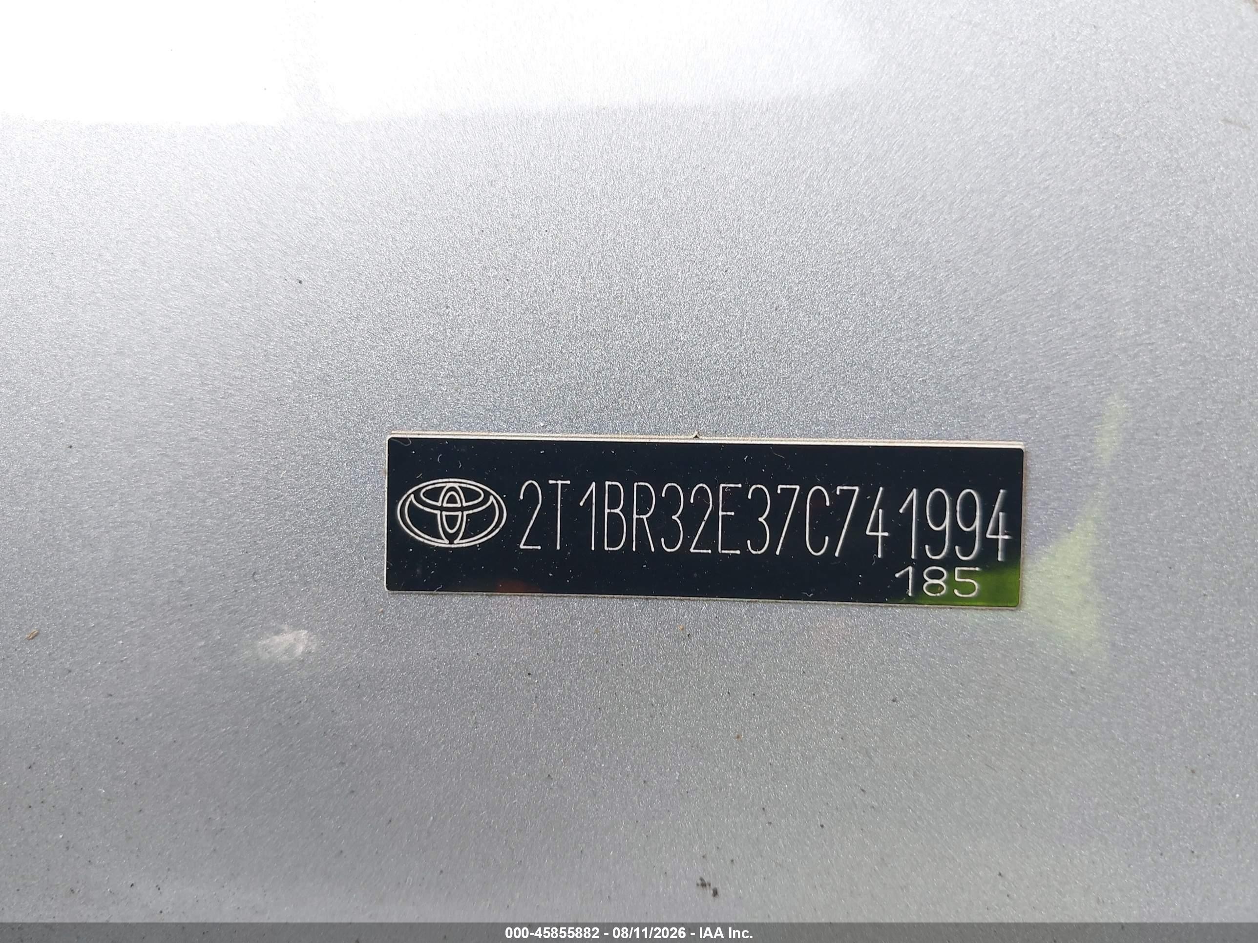 2007 Toyota Corolla Ce Silver vin: 2T1BR32E37C741994