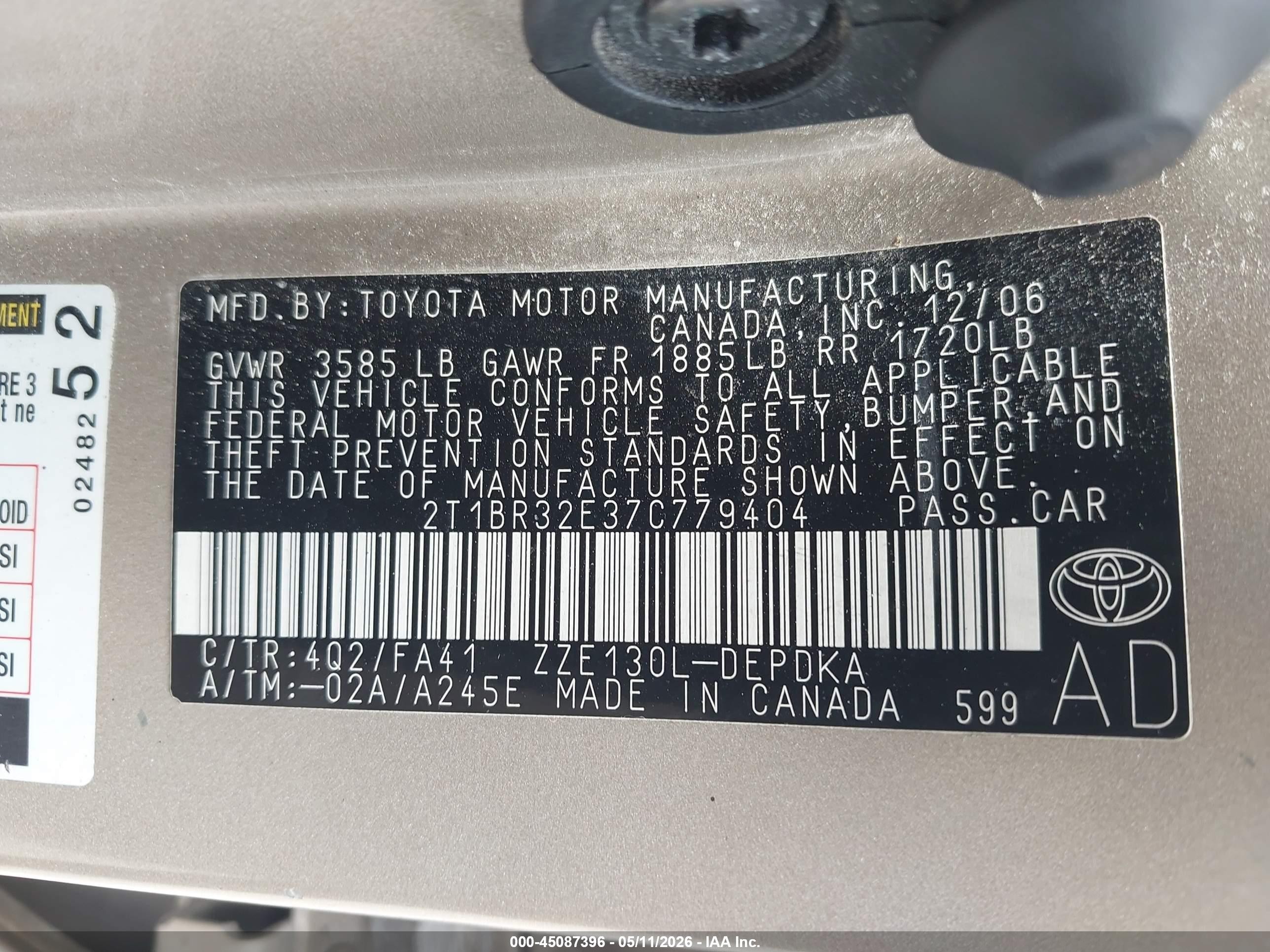 2007 Toyota Corolla Ce Silver vin: 2T1BR32E37C779404