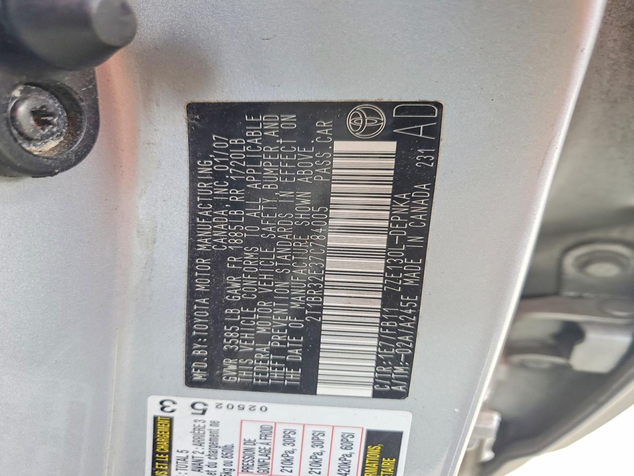 2007 Toyota Corolla Le Silver vin: 2T1BR32E37C784005