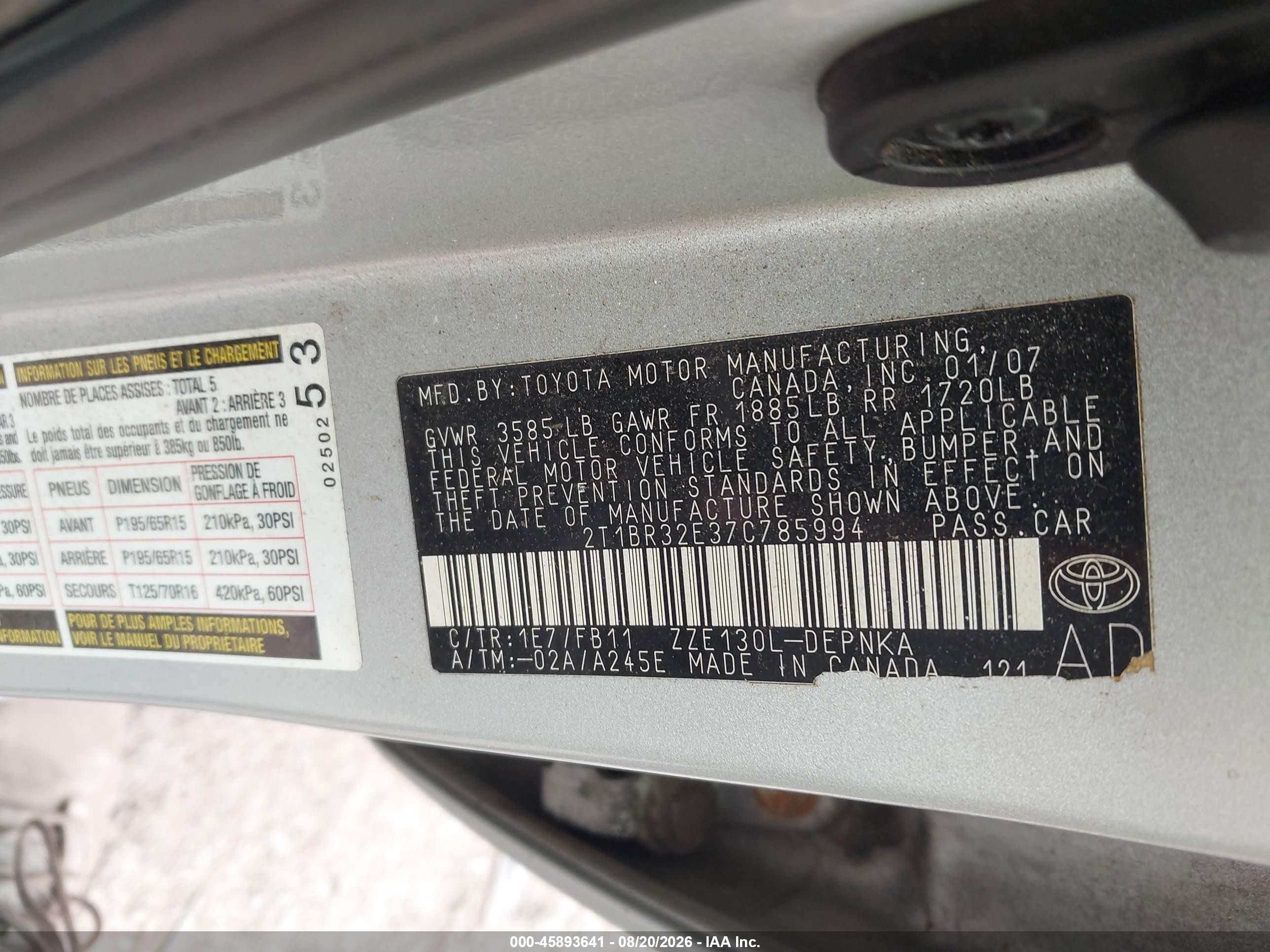 2007 Toyota Corolla Le Silver vin: 2T1BR32E37C785994