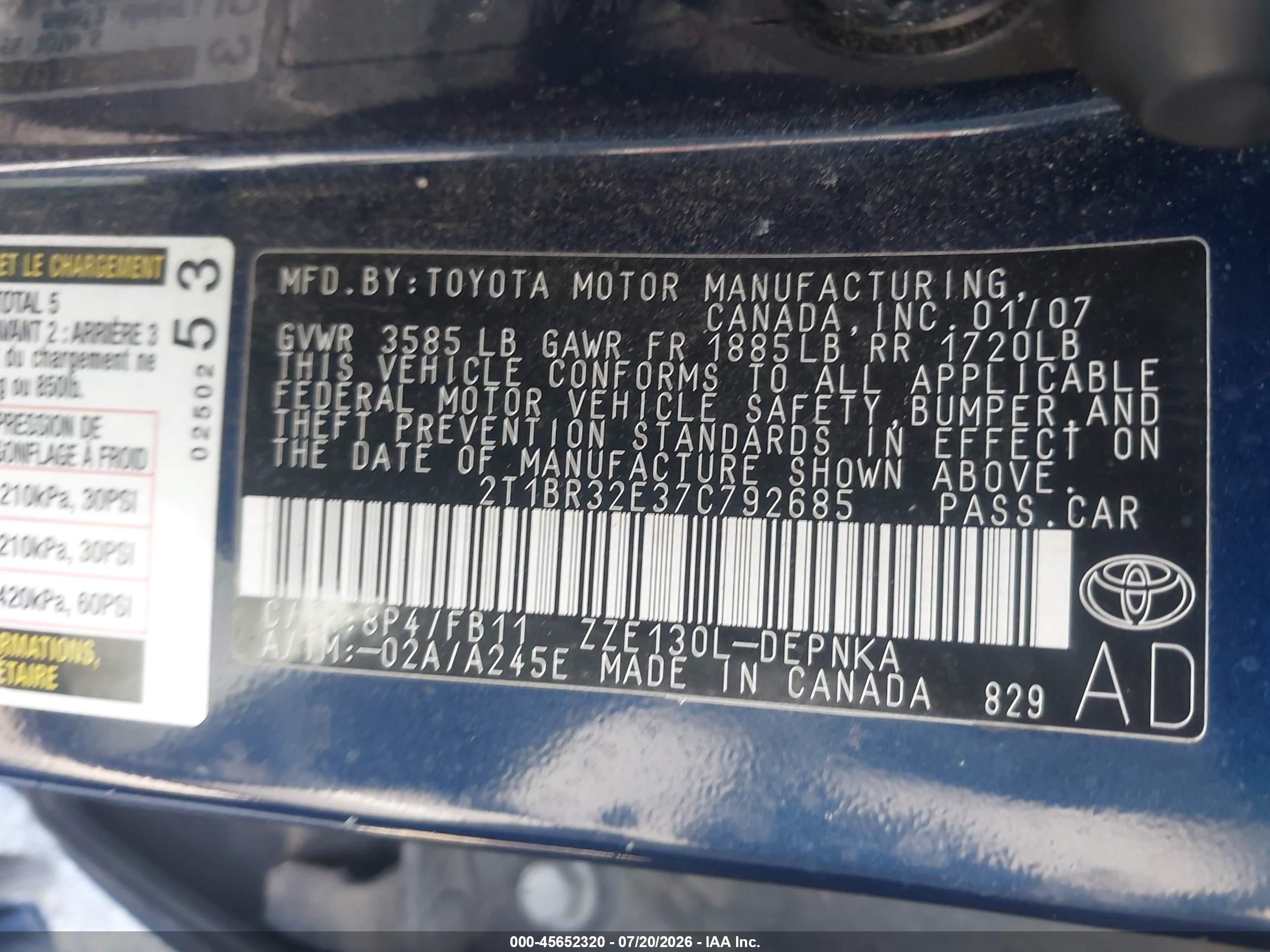 2007 Toyota Corolla Le Blue vin: 2T1BR32E37C792685