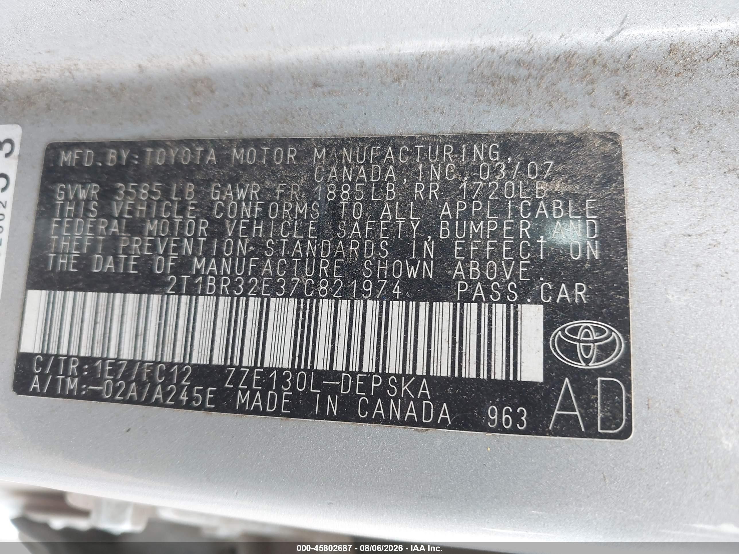 2007 Toyota Corolla S Серебряный vin: 2T1BR32E37C821974