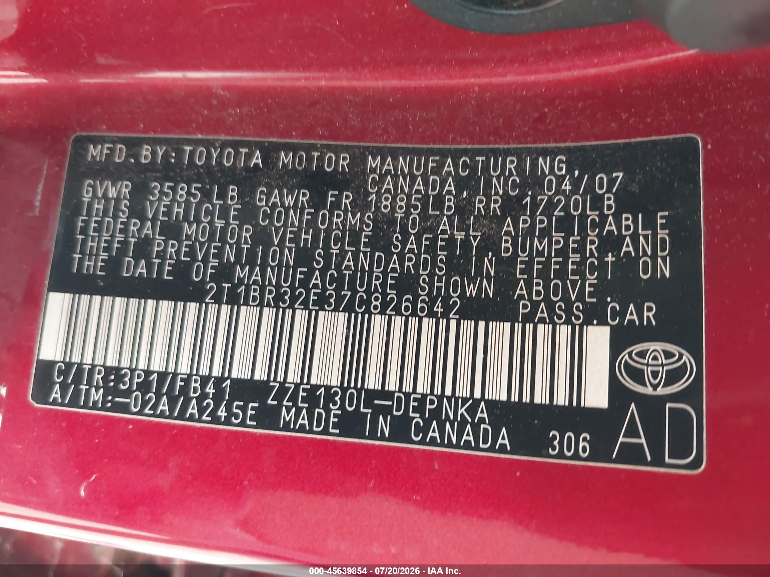 2007 Toyota Corolla Le Red vin: 2T1BR32E37C826642