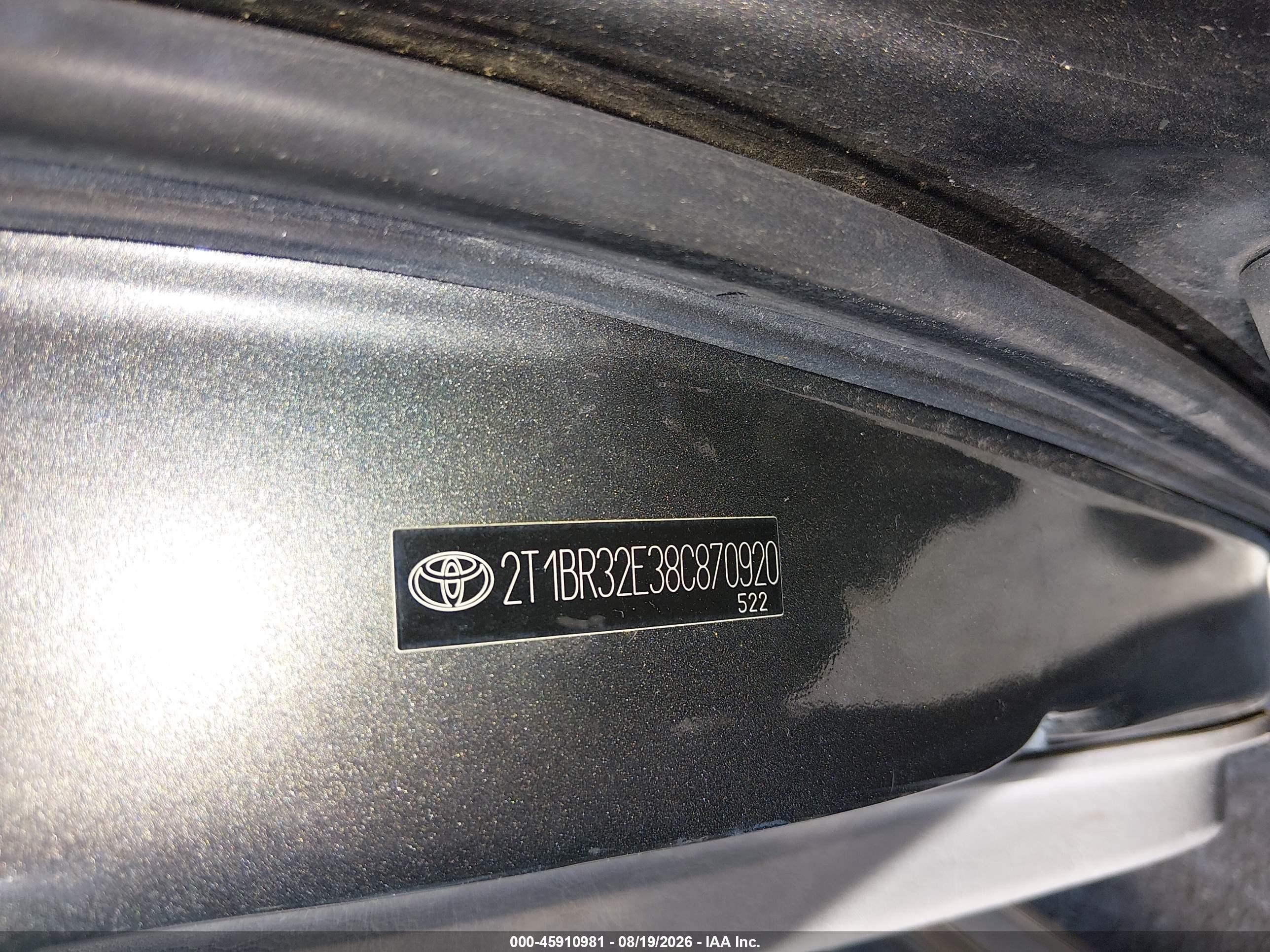 2008 Toyota Corolla Ce Серый vin: 2T1BR32E38C870920