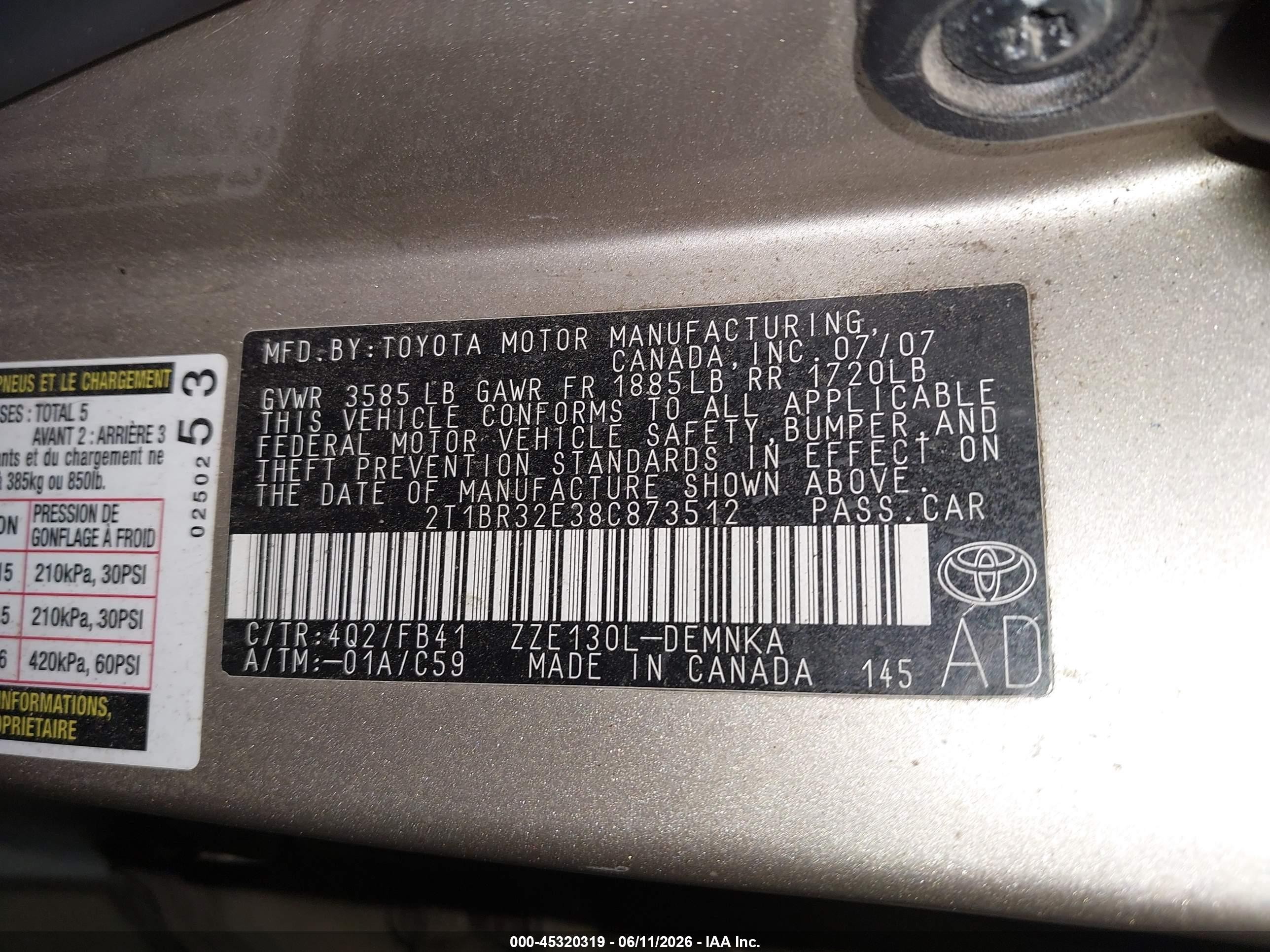 2008 Toyota Corolla Le Gold vin: 2T1BR32E38C873512