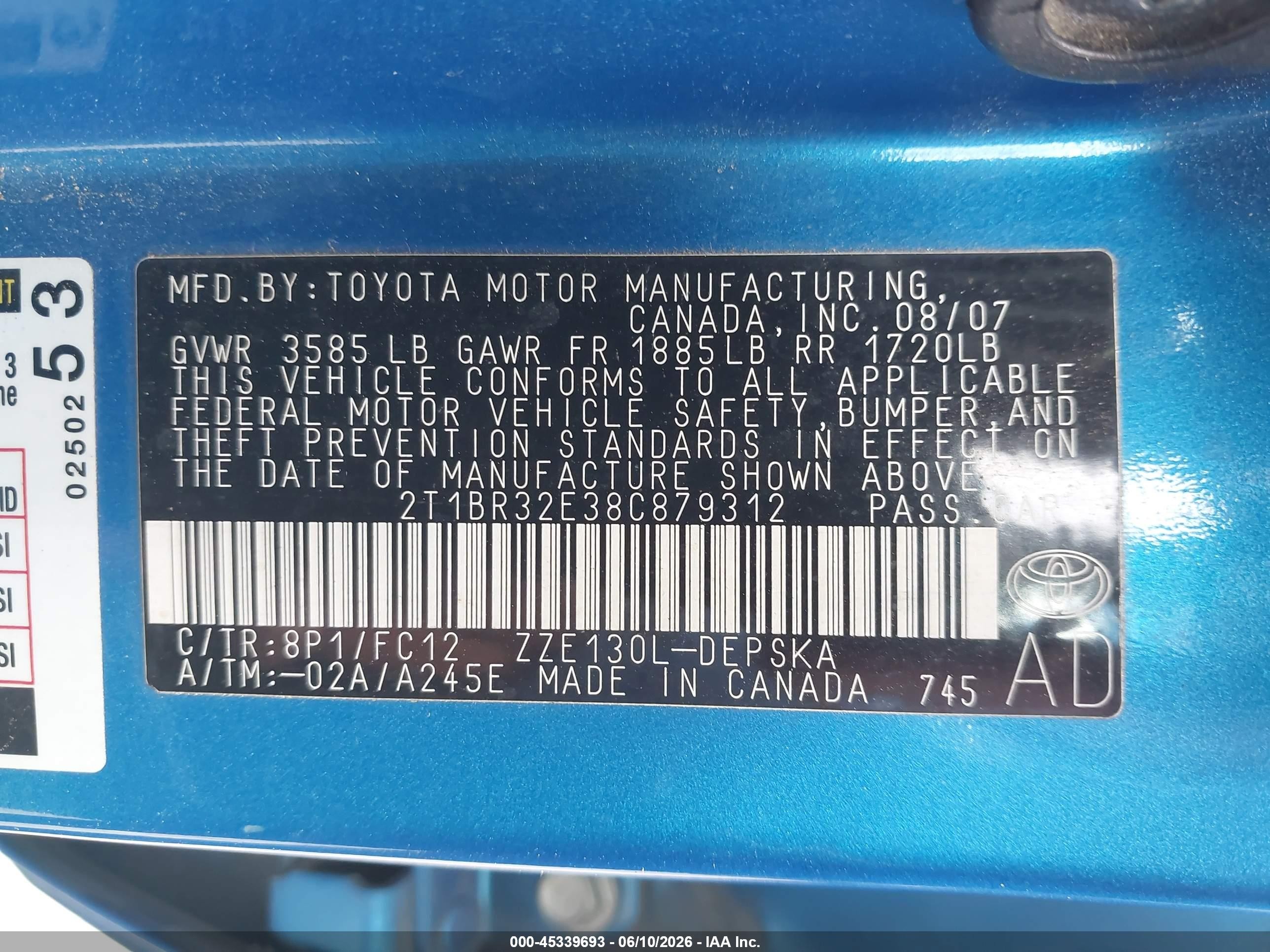 2008 Toyota Corolla S Blue vin: 2T1BR32E38C879312