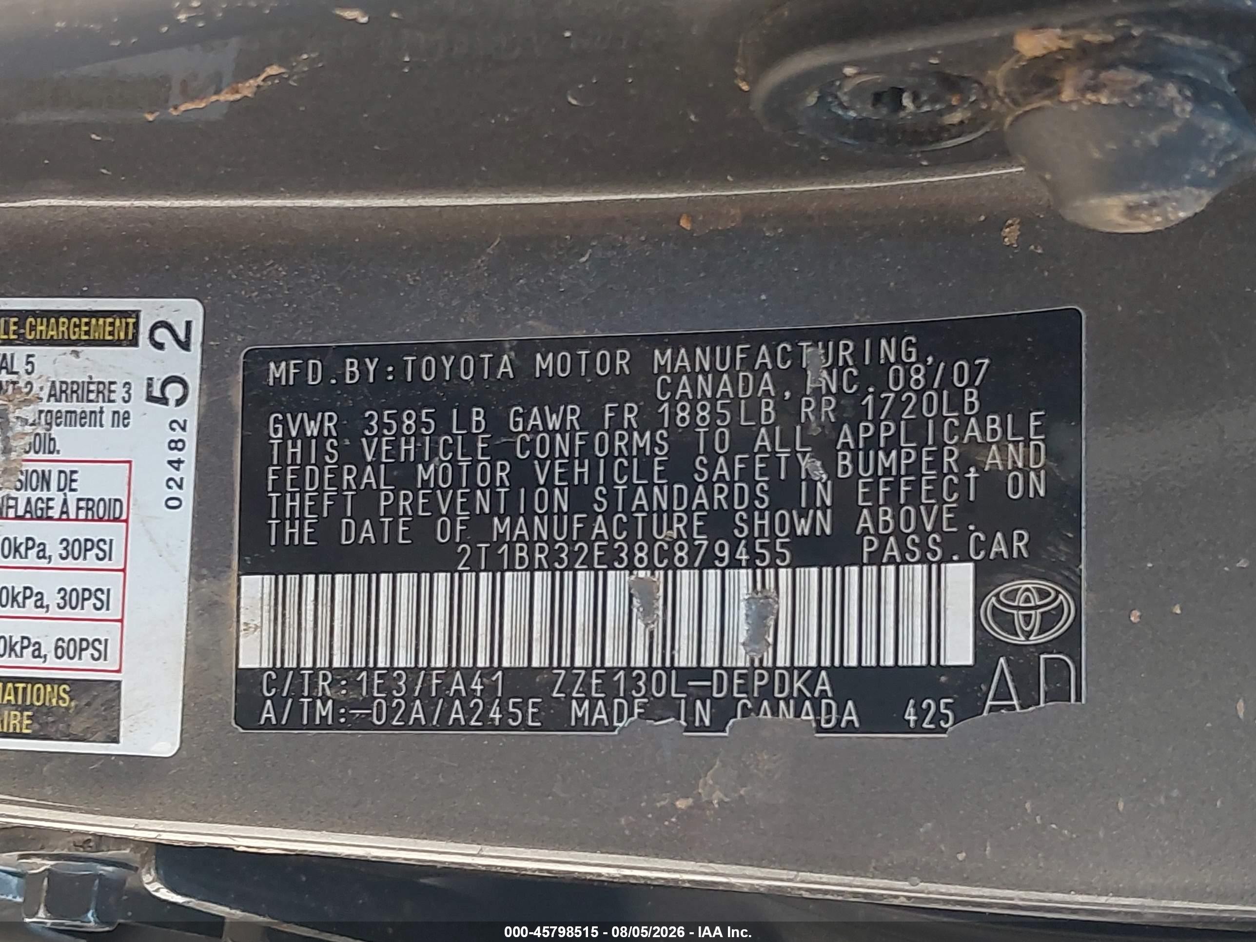 2008 Toyota Corolla Ce Brown vin: 2T1BR32E38C879455