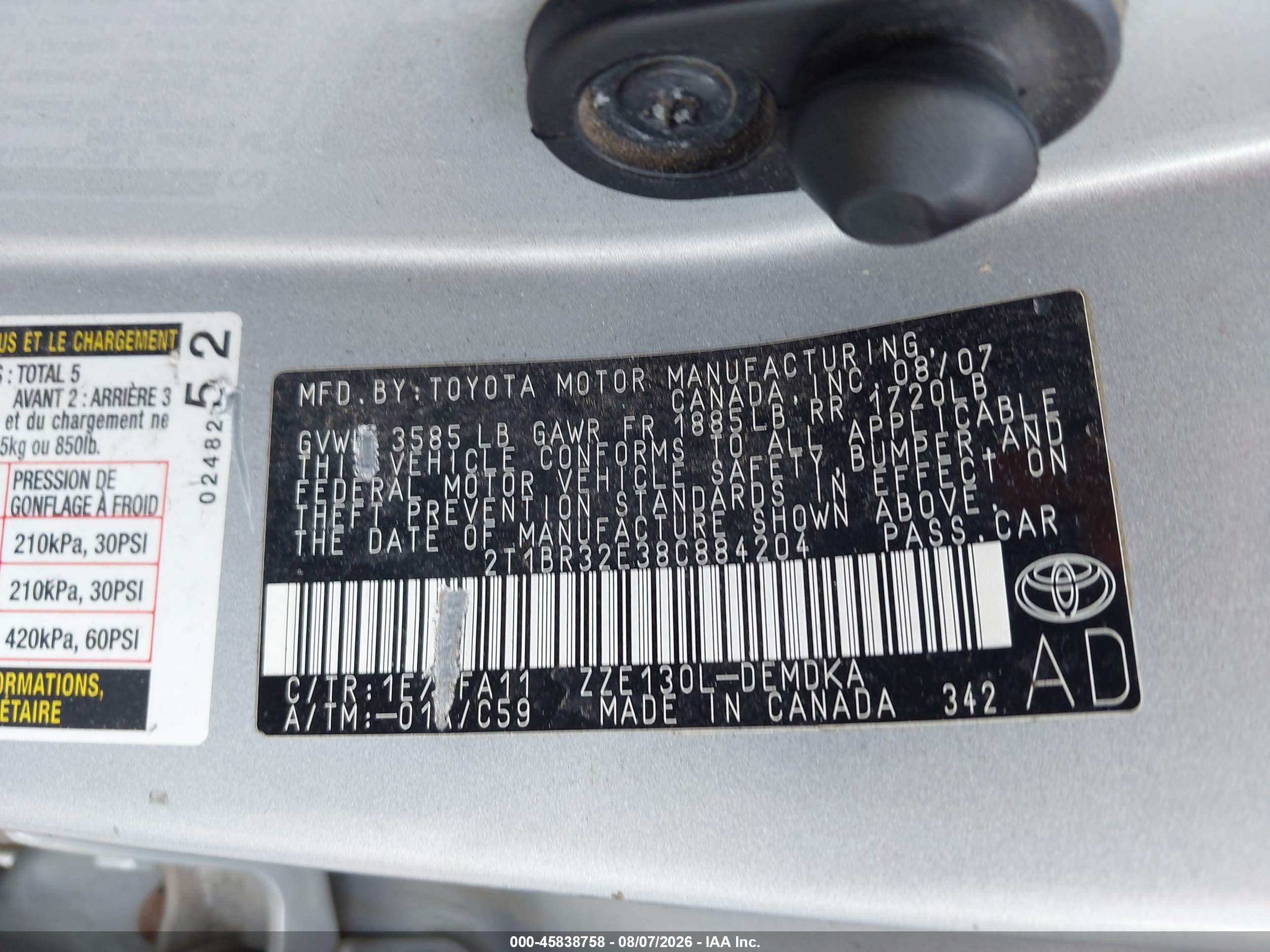 2008 Toyota Corolla Ce Silver vin: 2T1BR32E38C884204