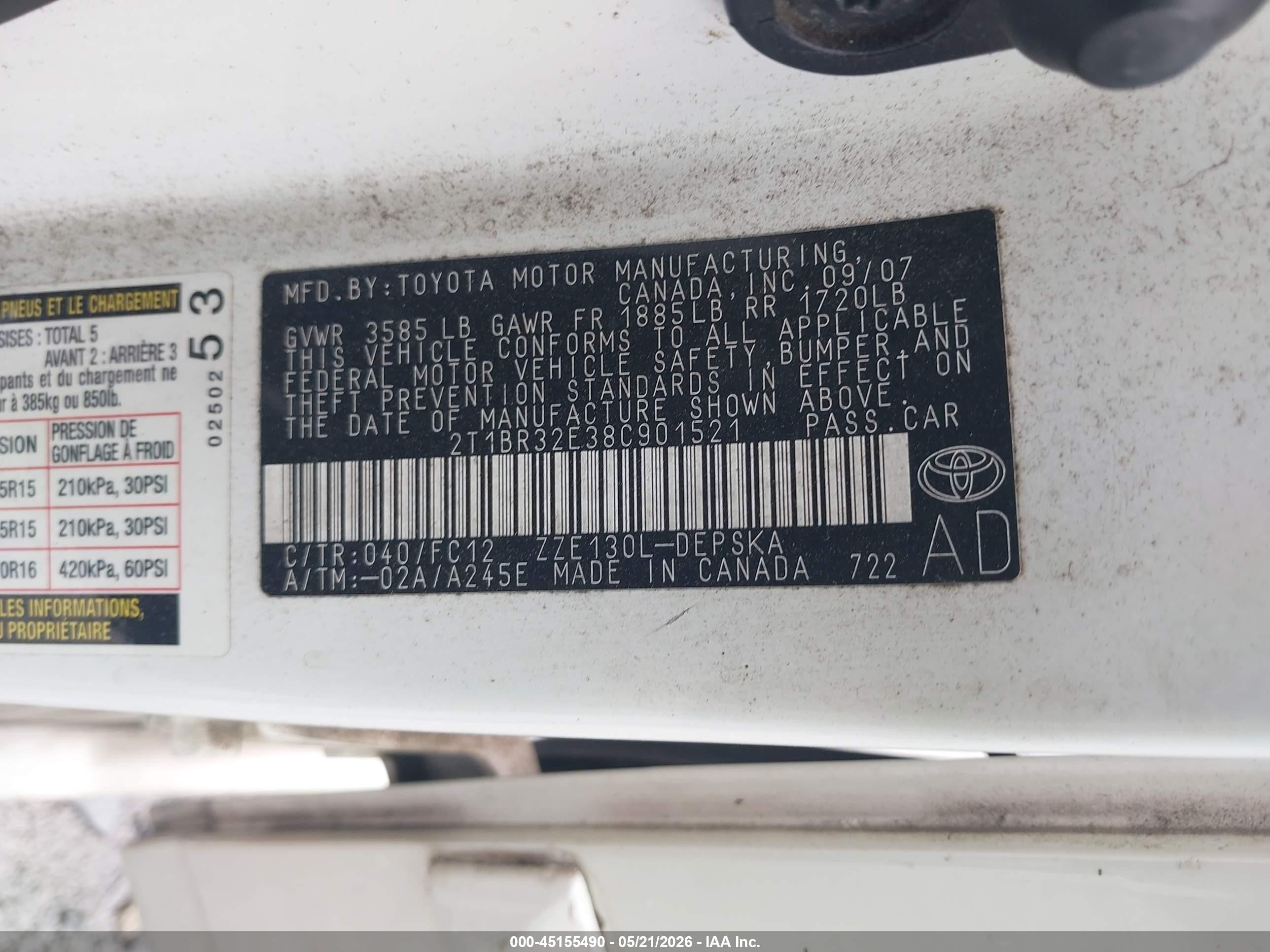 2008 Toyota Corolla S White vin: 2T1BR32E38C901521