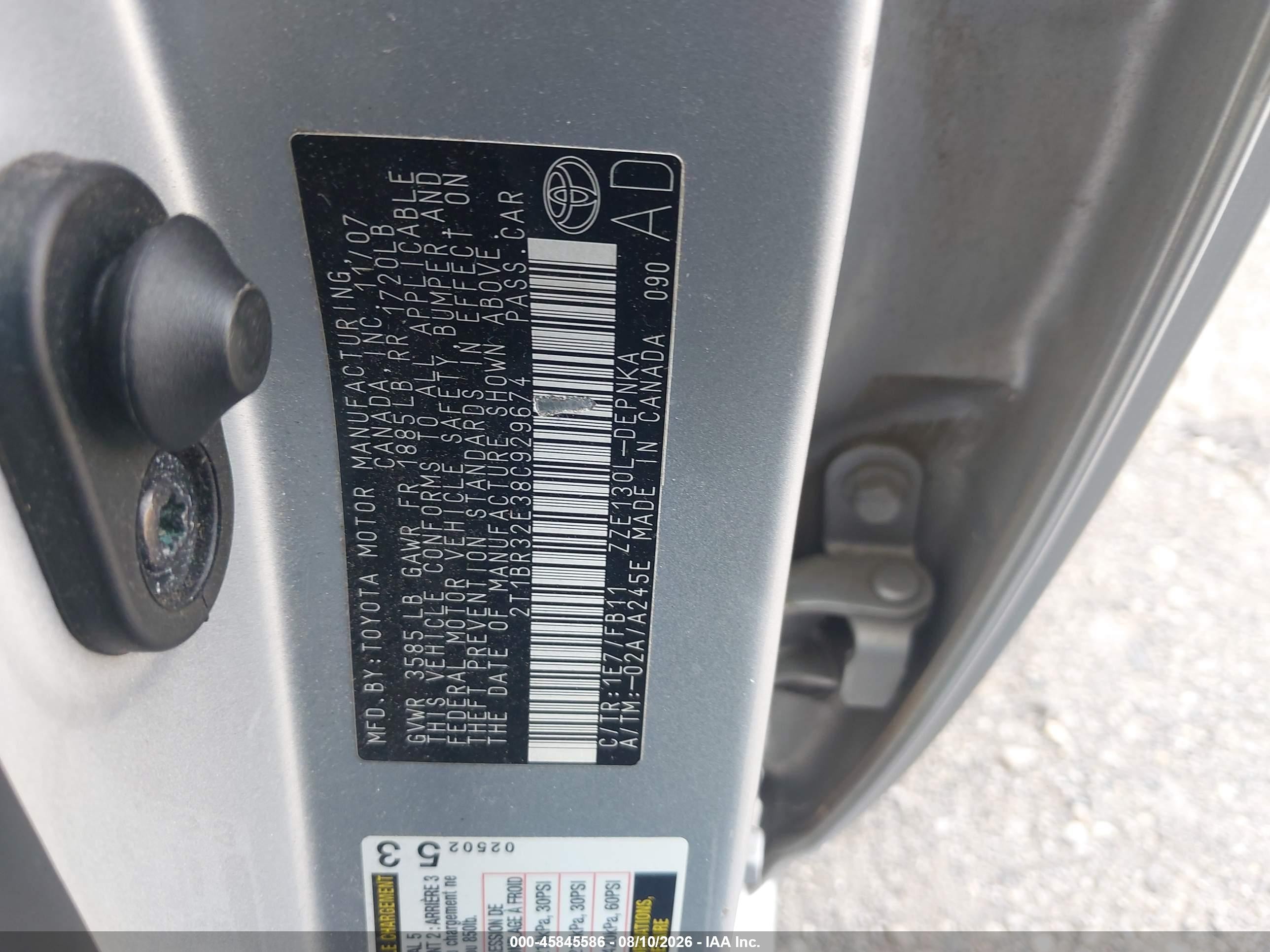 2008 Toyota Corolla Le Silver vin: 2T1BR32E38C929674