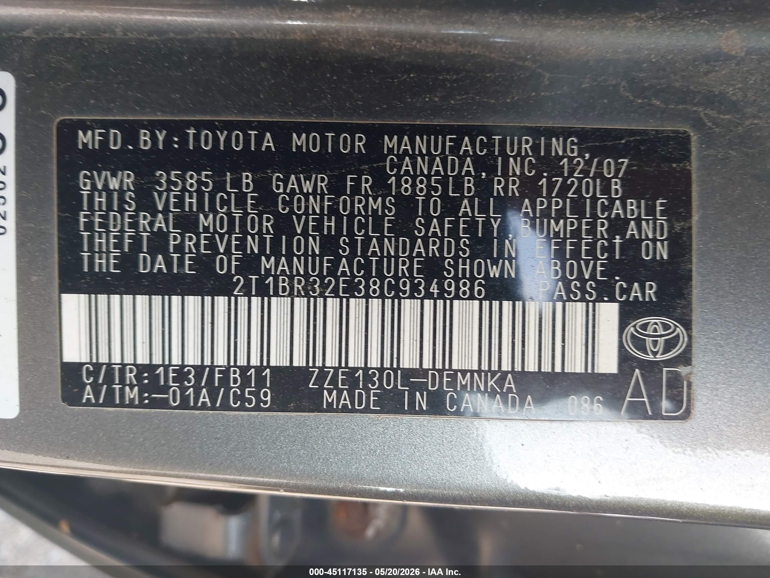 2008 Toyota Corolla Le Серый vin: 2T1BR32E38C934986