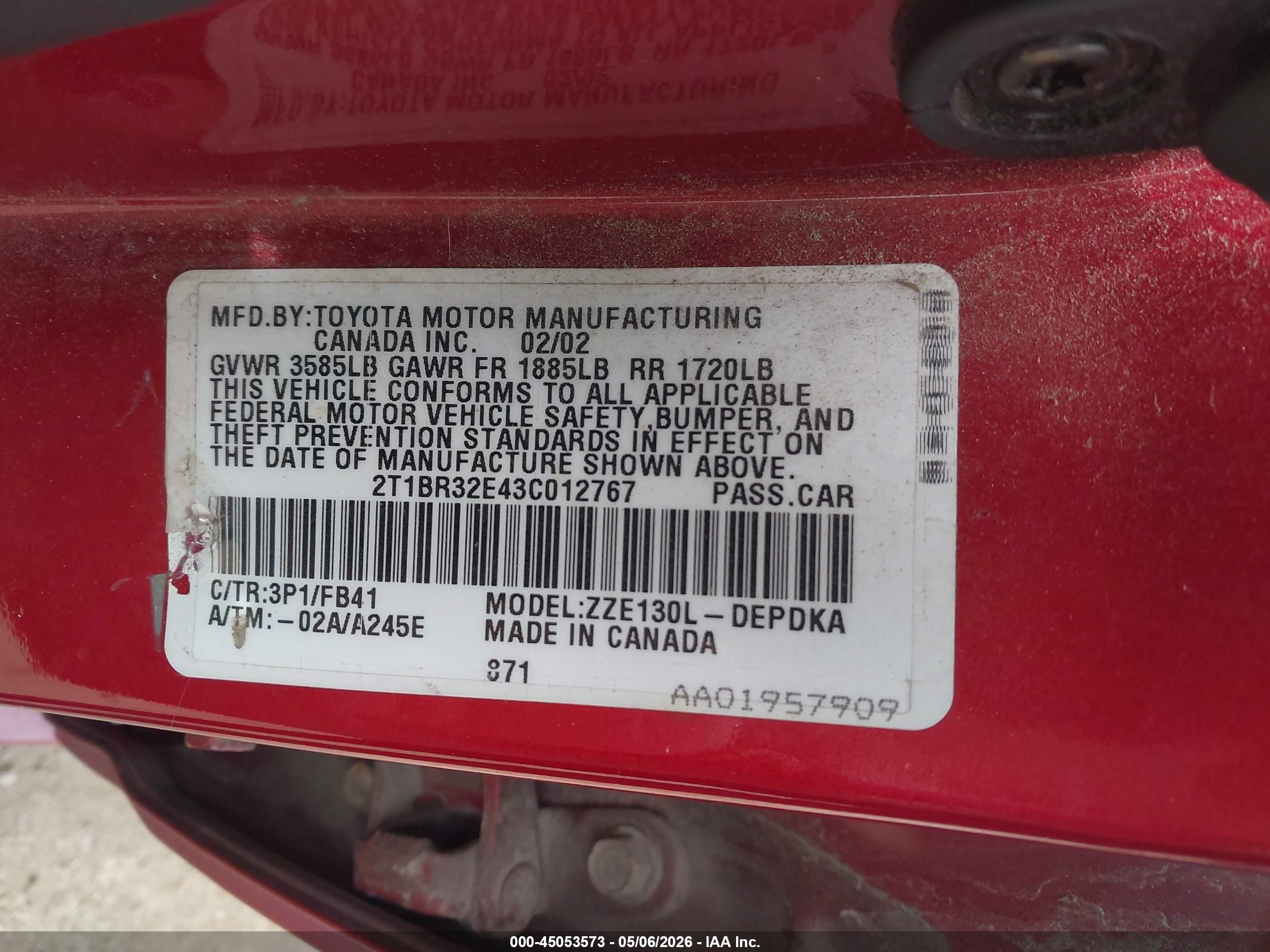 2003 Toyota Corolla Ce Red vin: 2T1BR32E43C012767