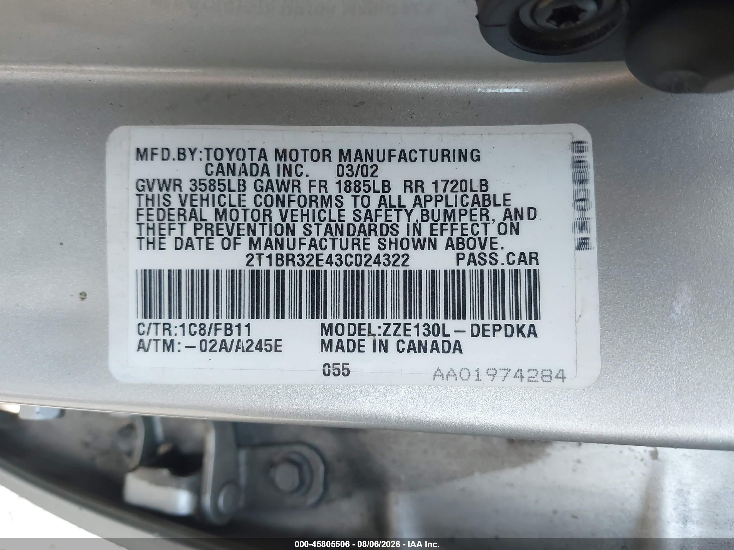 2003 Toyota Corolla Ce Silver vin: 2T1BR32E43C024322