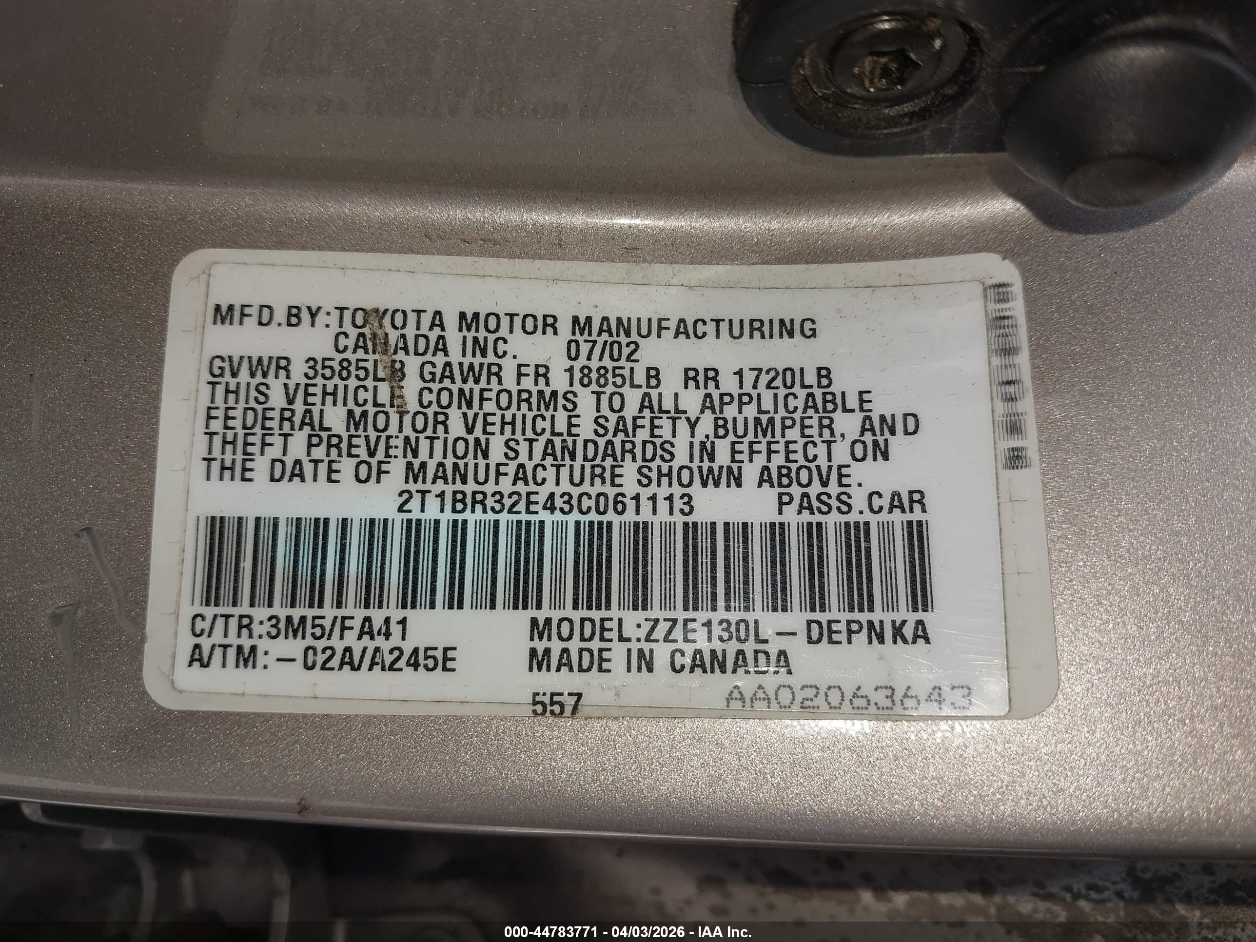 2003 Toyota Corolla Le Серый vin: 2T1BR32E43C061113