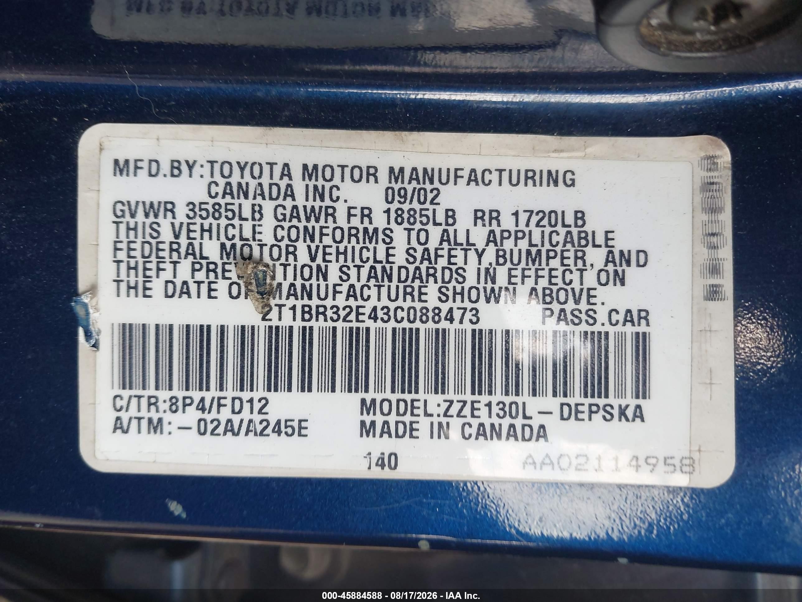 2003 Toyota Corolla S Синий vin: 2T1BR32E43C088473