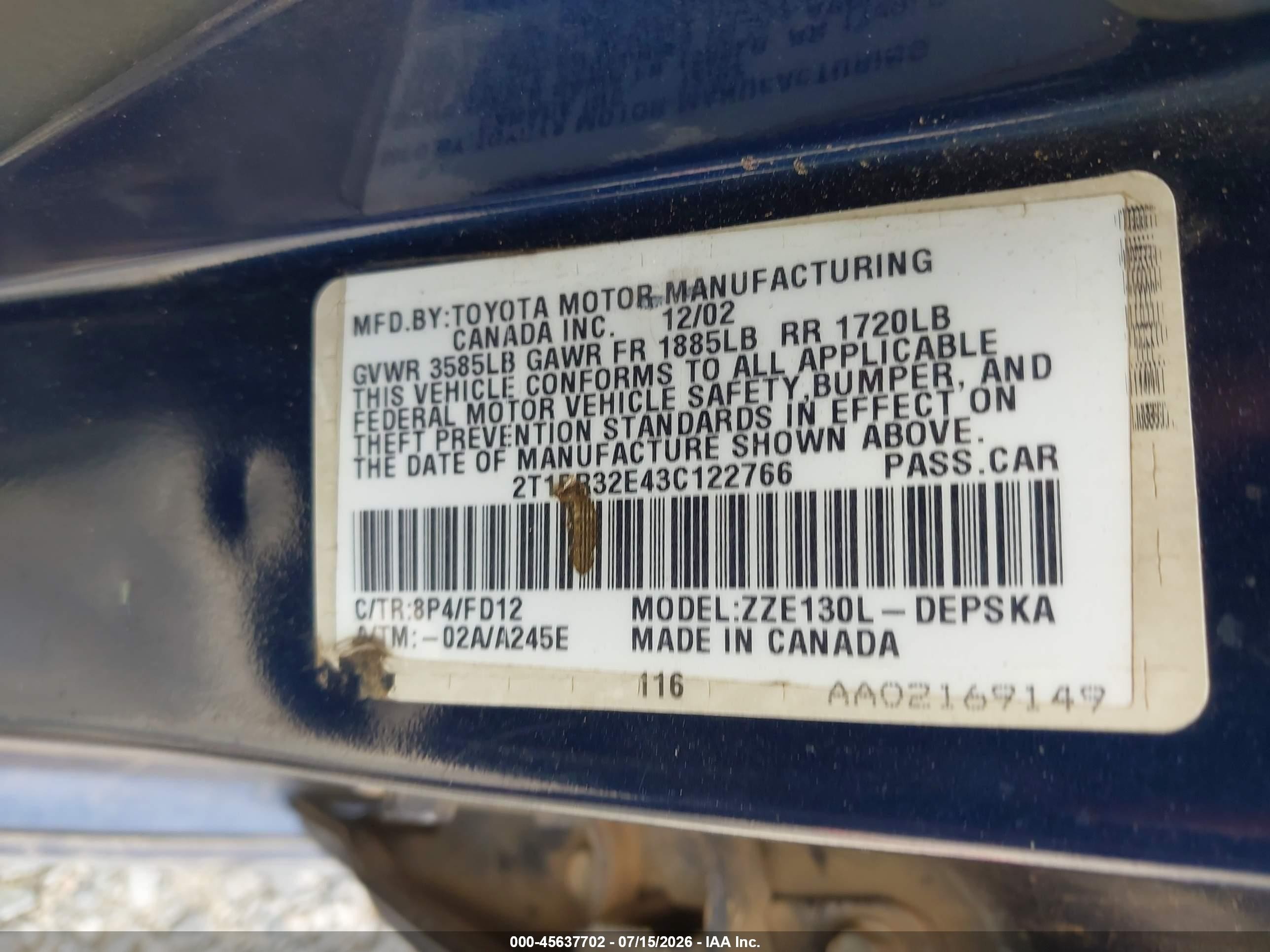 2003 Toyota Corolla S Blue vin: 2T1BR32E43C122766
