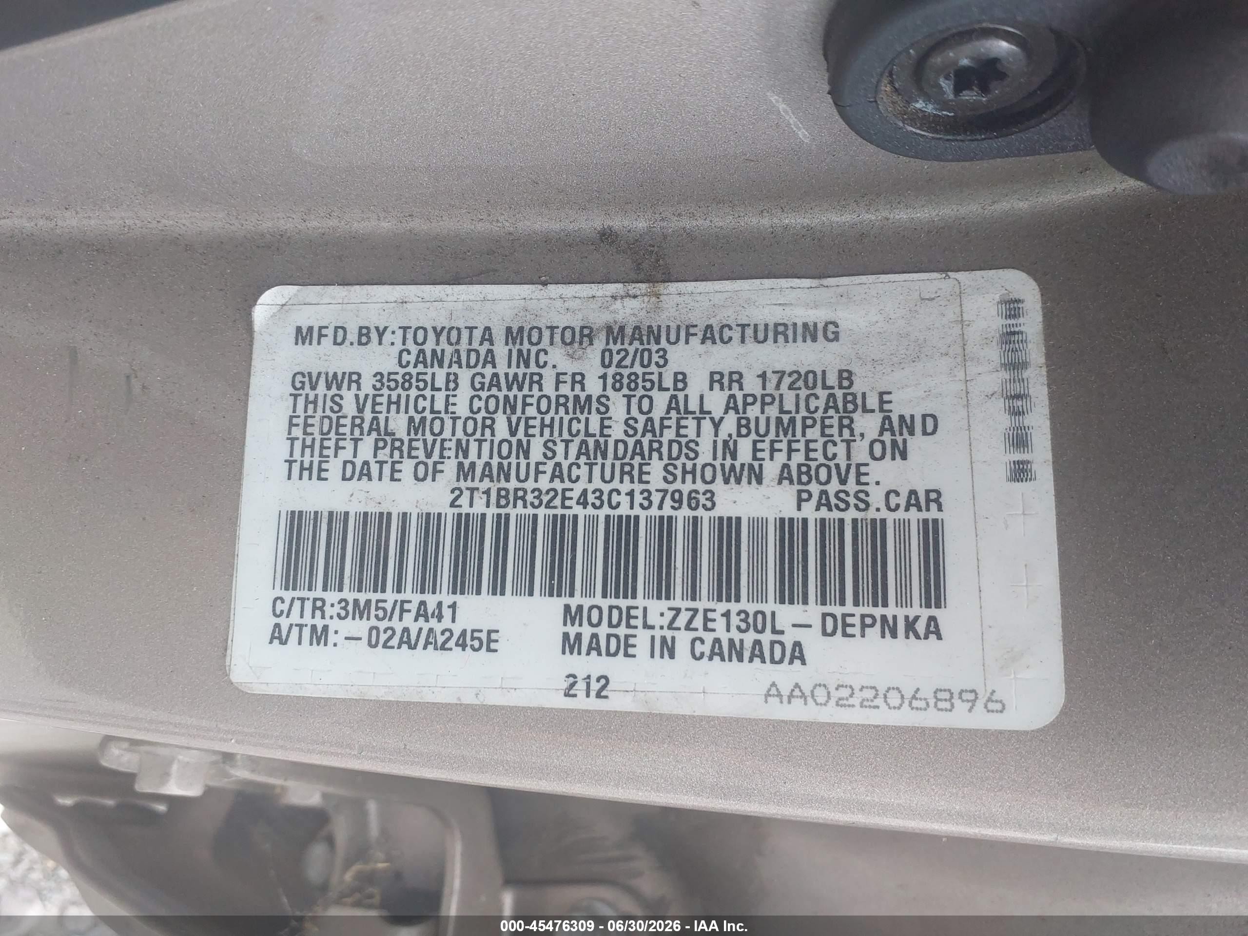 2003 Toyota Corolla Le Tan vin: 2T1BR32E43C137963