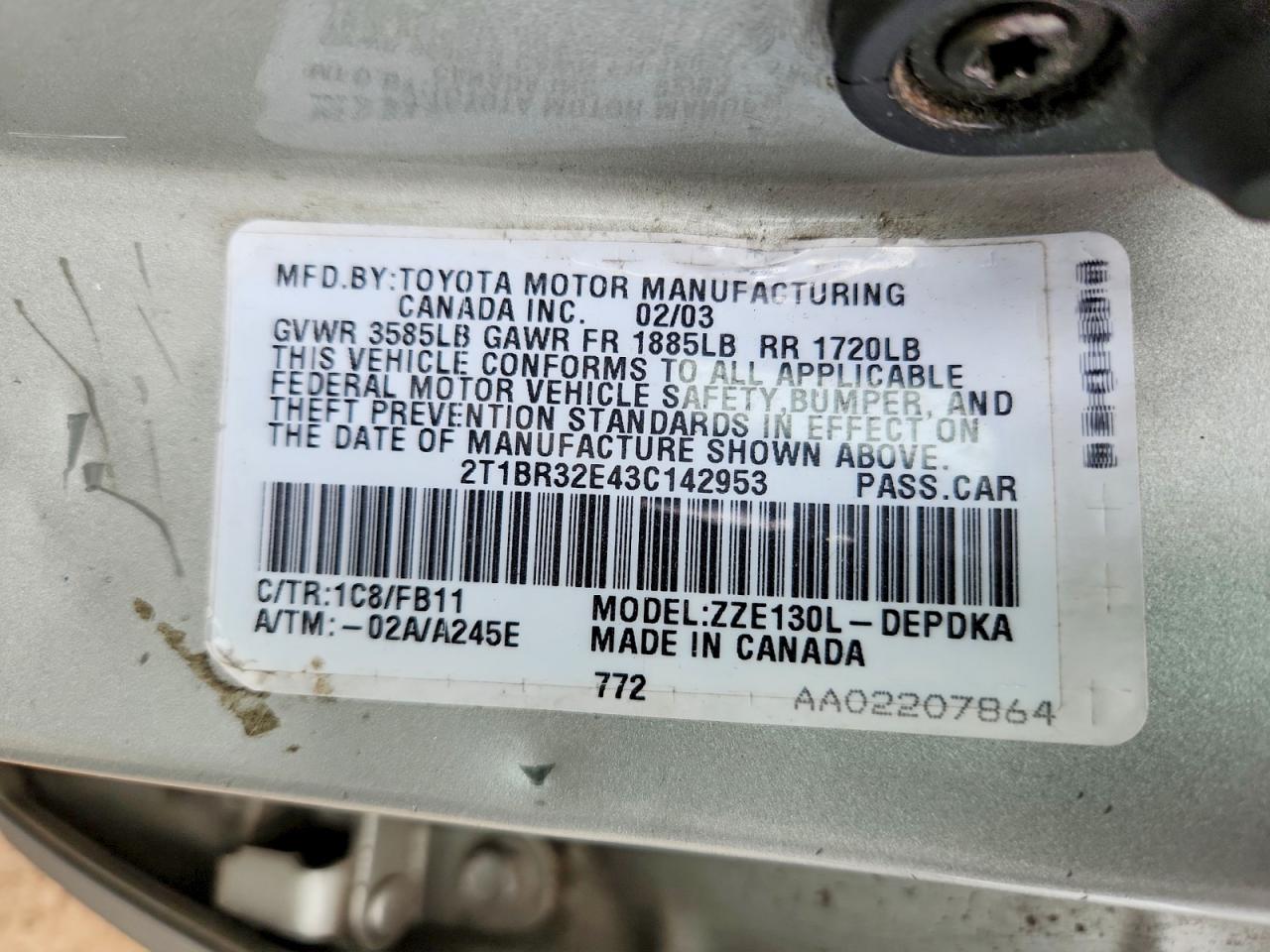 2003 Toyota Corolla Ce Silver vin: 2T1BR32E43C142953