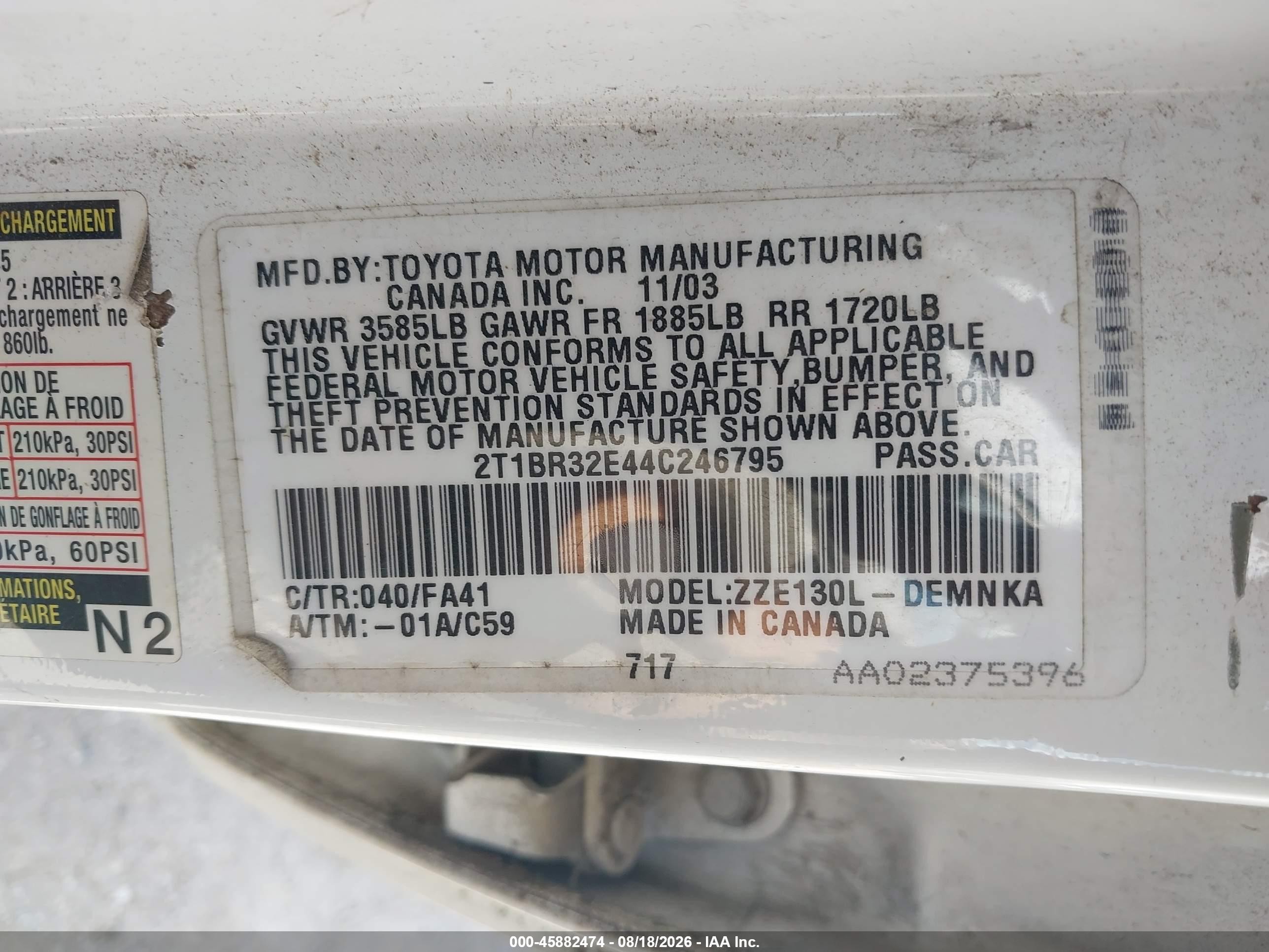 2004 Toyota Corolla Le White vin: 2T1BR32E44C246795