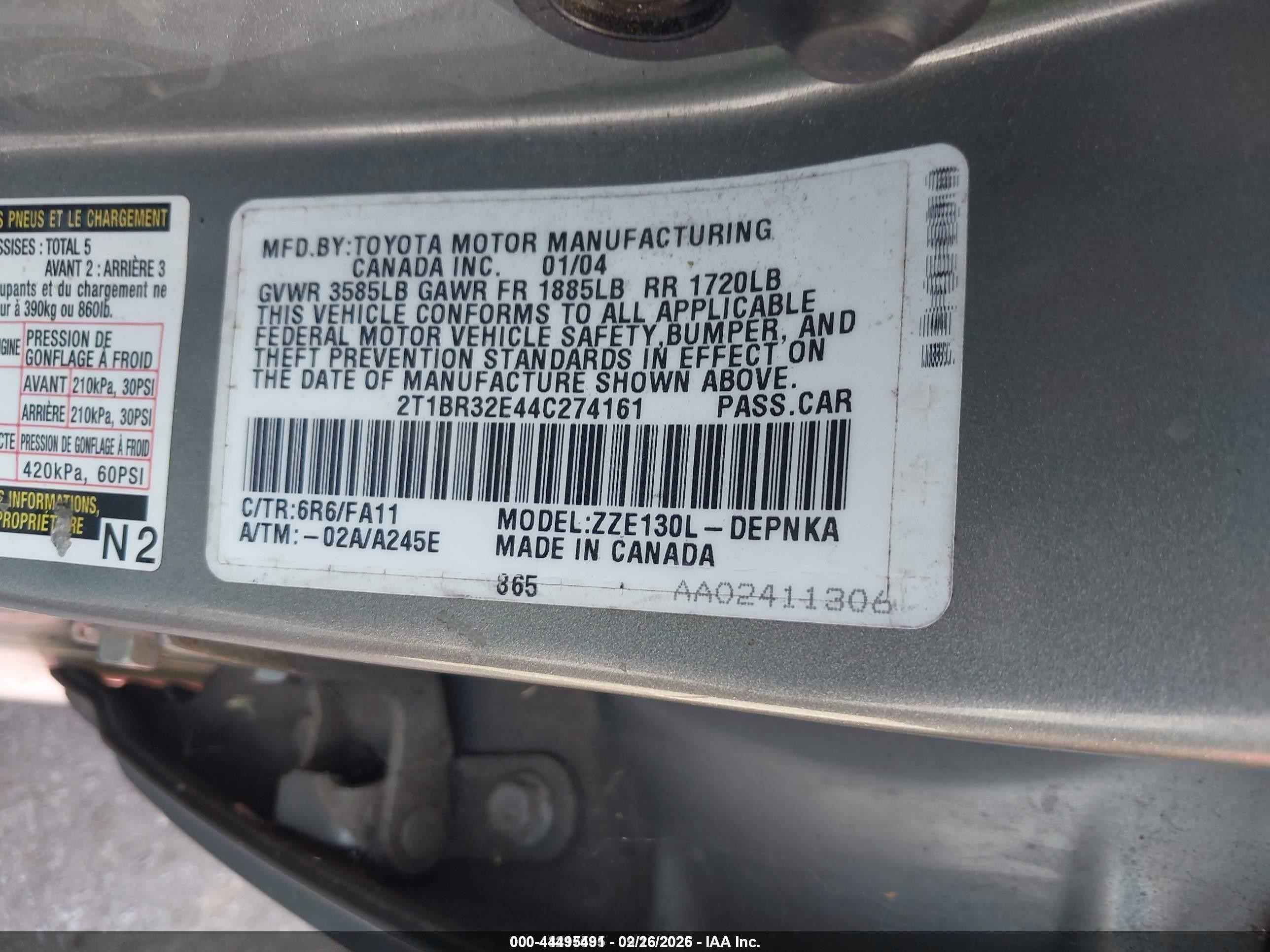 2004 Toyota Corolla Le Green vin: 2T1BR32E44C274161