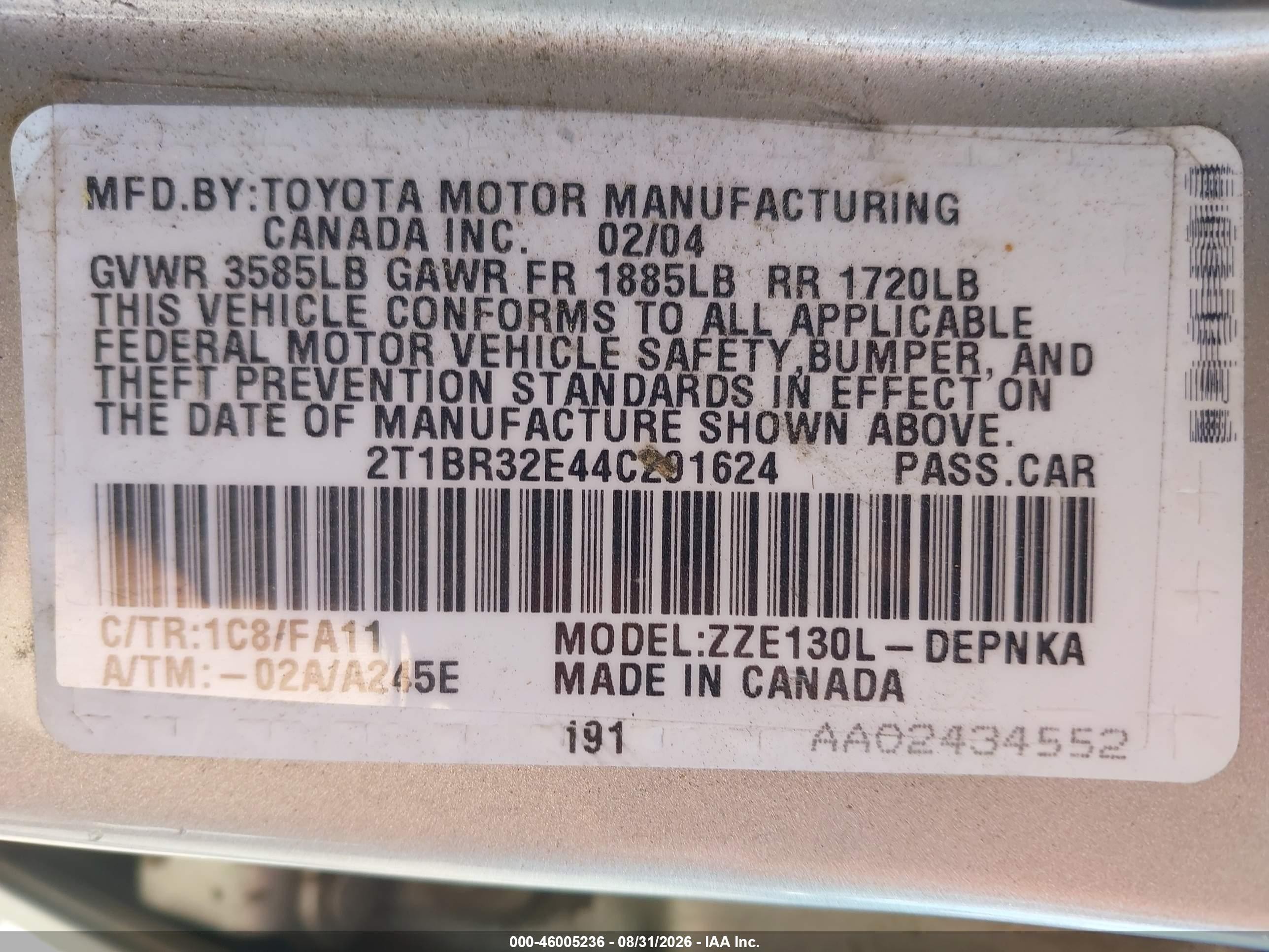 2004 Toyota Corolla Le Silver vin: 2T1BR32E44C291624
