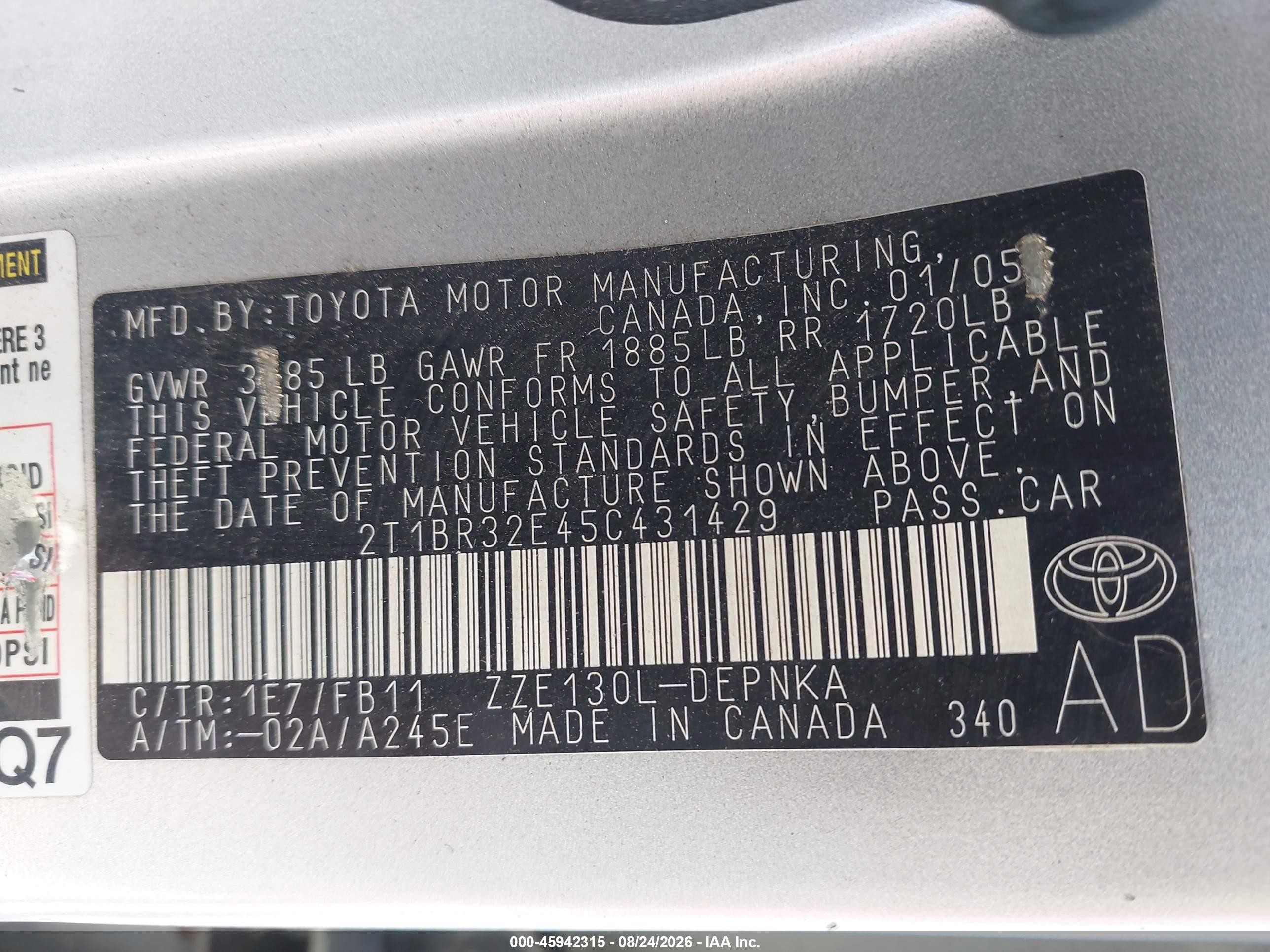 2005 Toyota Corolla Le Silver vin: 2T1BR32E45C431429
