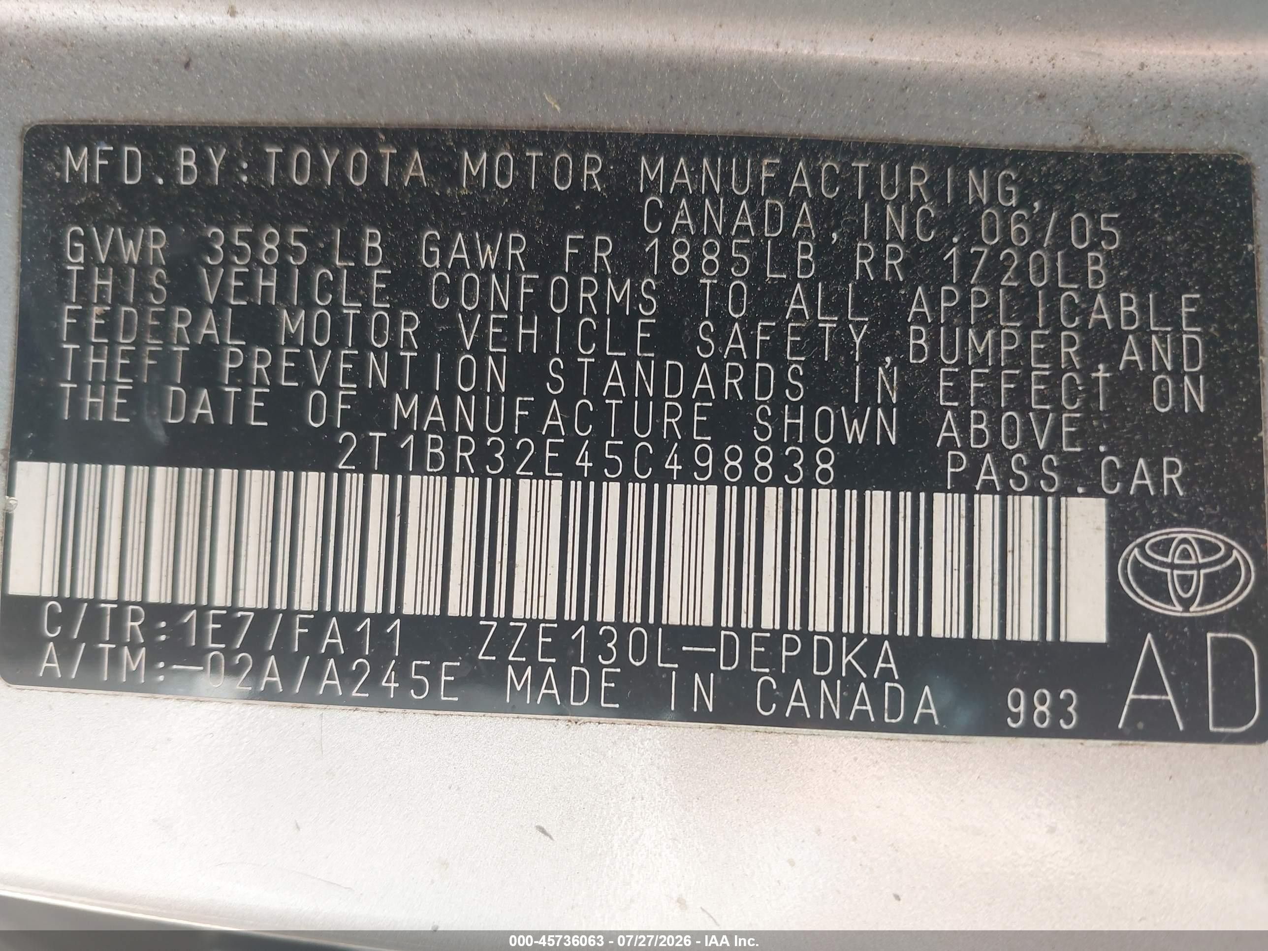 2005 Toyota Corolla Ce Silver vin: 2T1BR32E45C498838