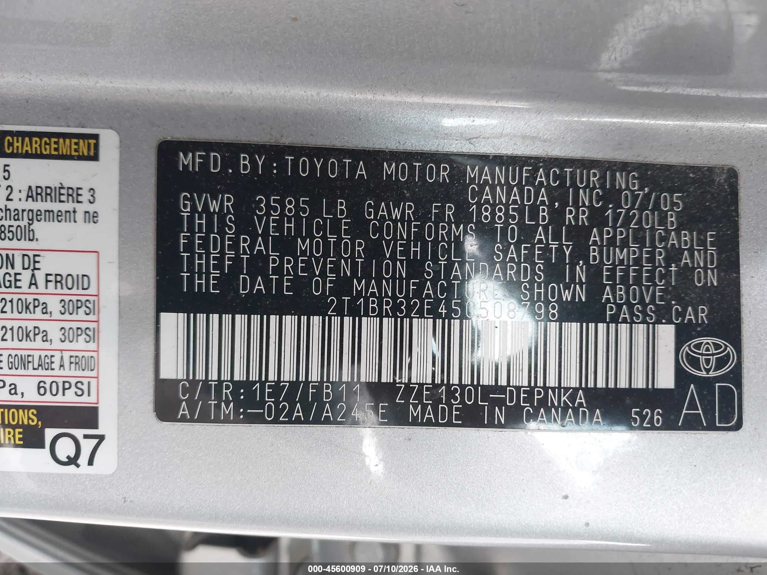 2005 Toyota Corolla Le Silver vin: 2T1BR32E45C508798
