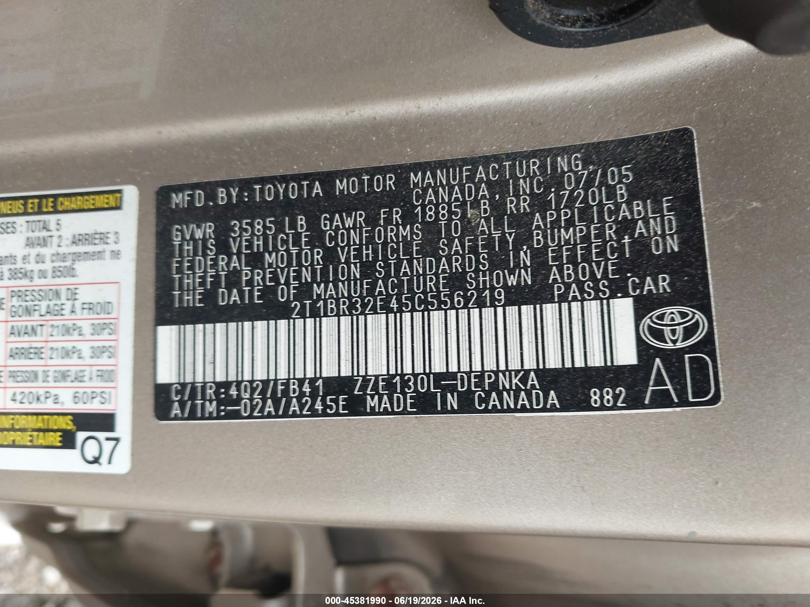 2005 Toyota Corolla Le Tan vin: 2T1BR32E45C556219