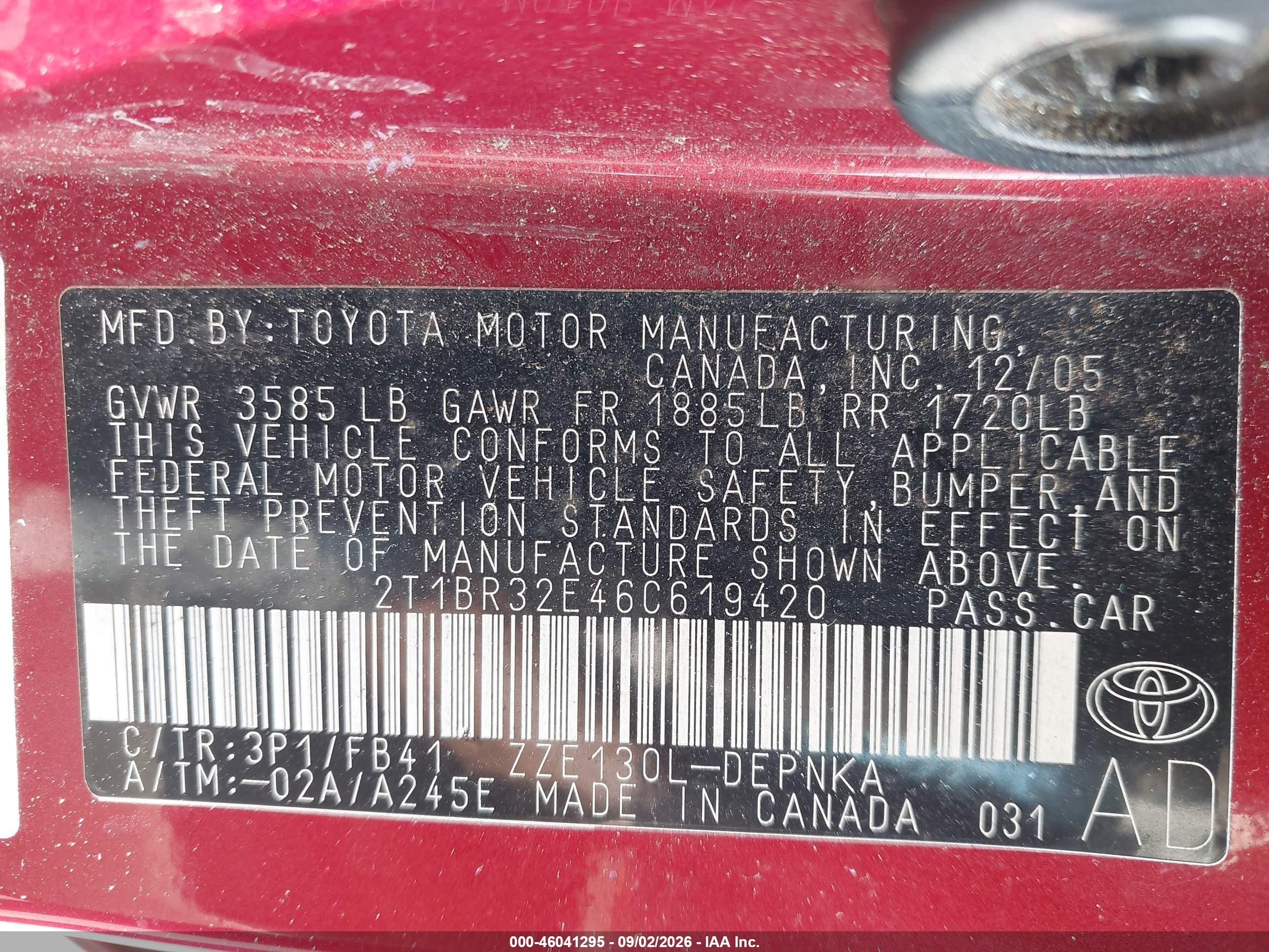 2006 Toyota Corolla Le Red vin: 2T1BR32E46C619420