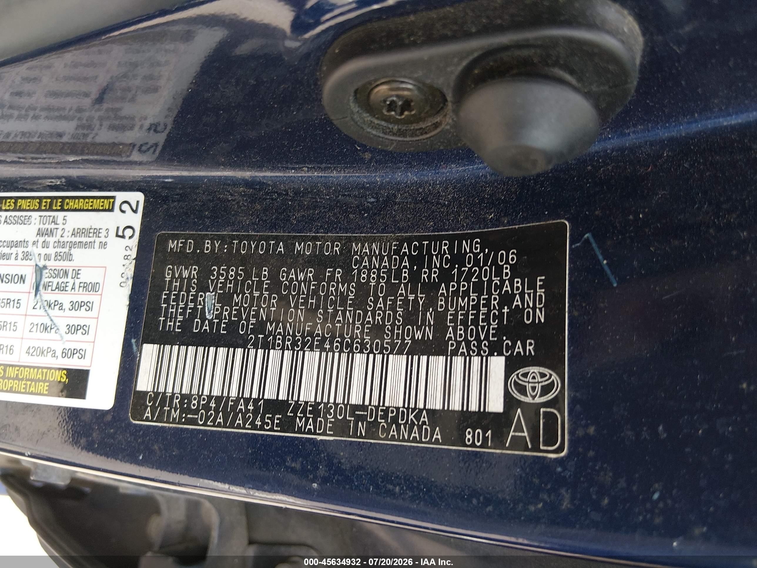 2006 Toyota Corolla Ce Blue vin: 2T1BR32E46C630577