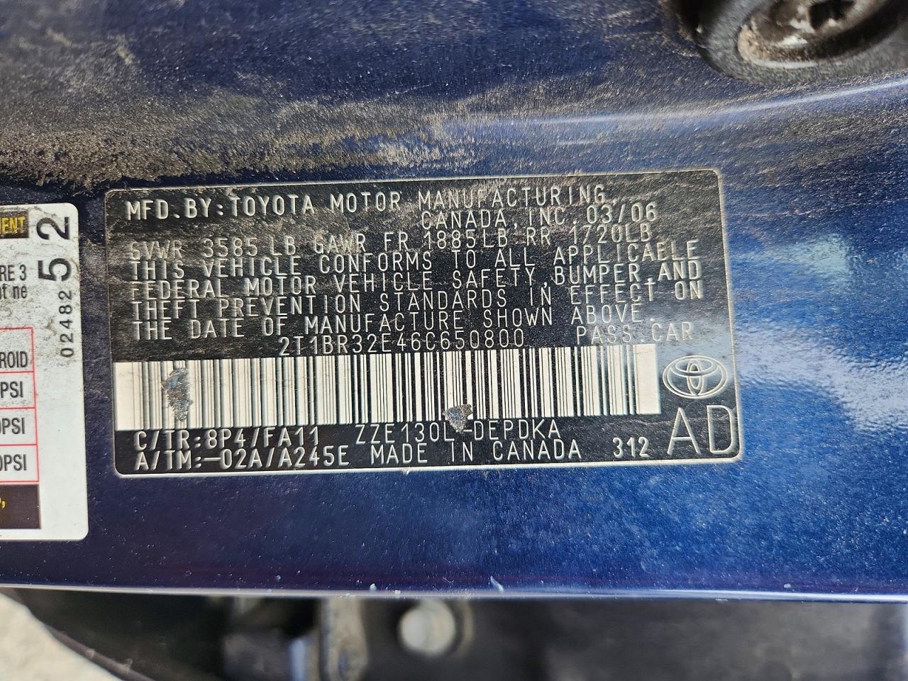 2006 Toyota Corolla Ce Blue vin: 2T1BR32E46C650800