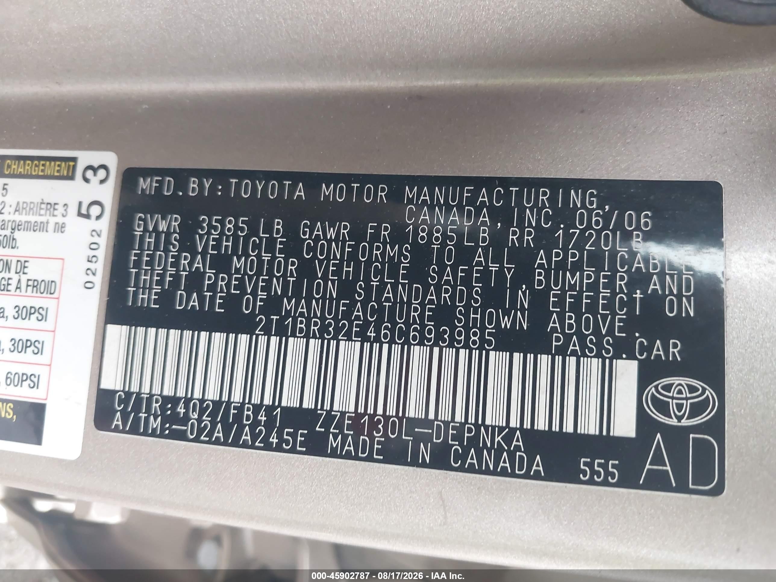 2006 Toyota Corolla Le Бежевый vin: 2T1BR32E46C693985