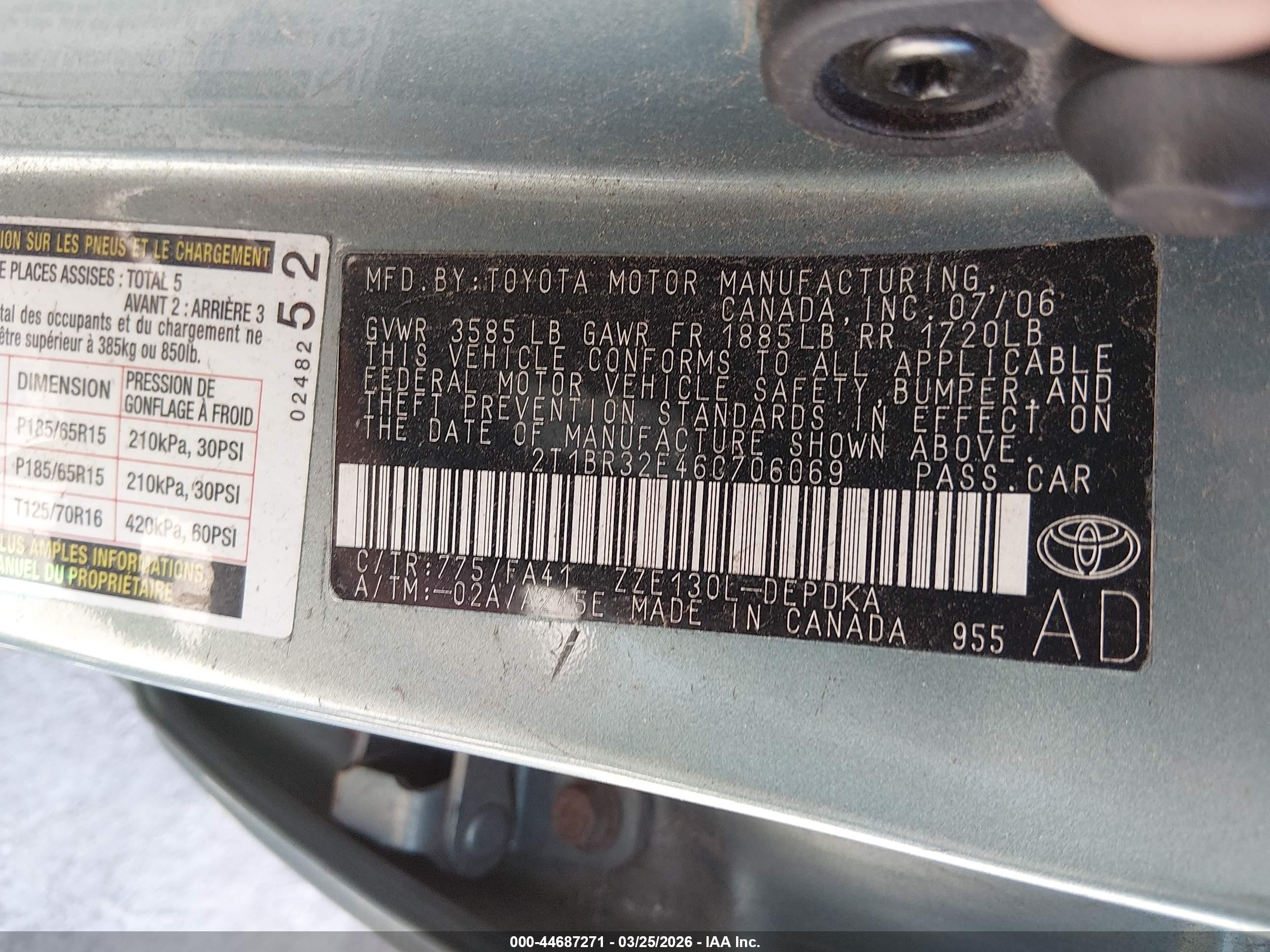 2006 Toyota Corolla Ce Blue vin: 2T1BR32E46C706069