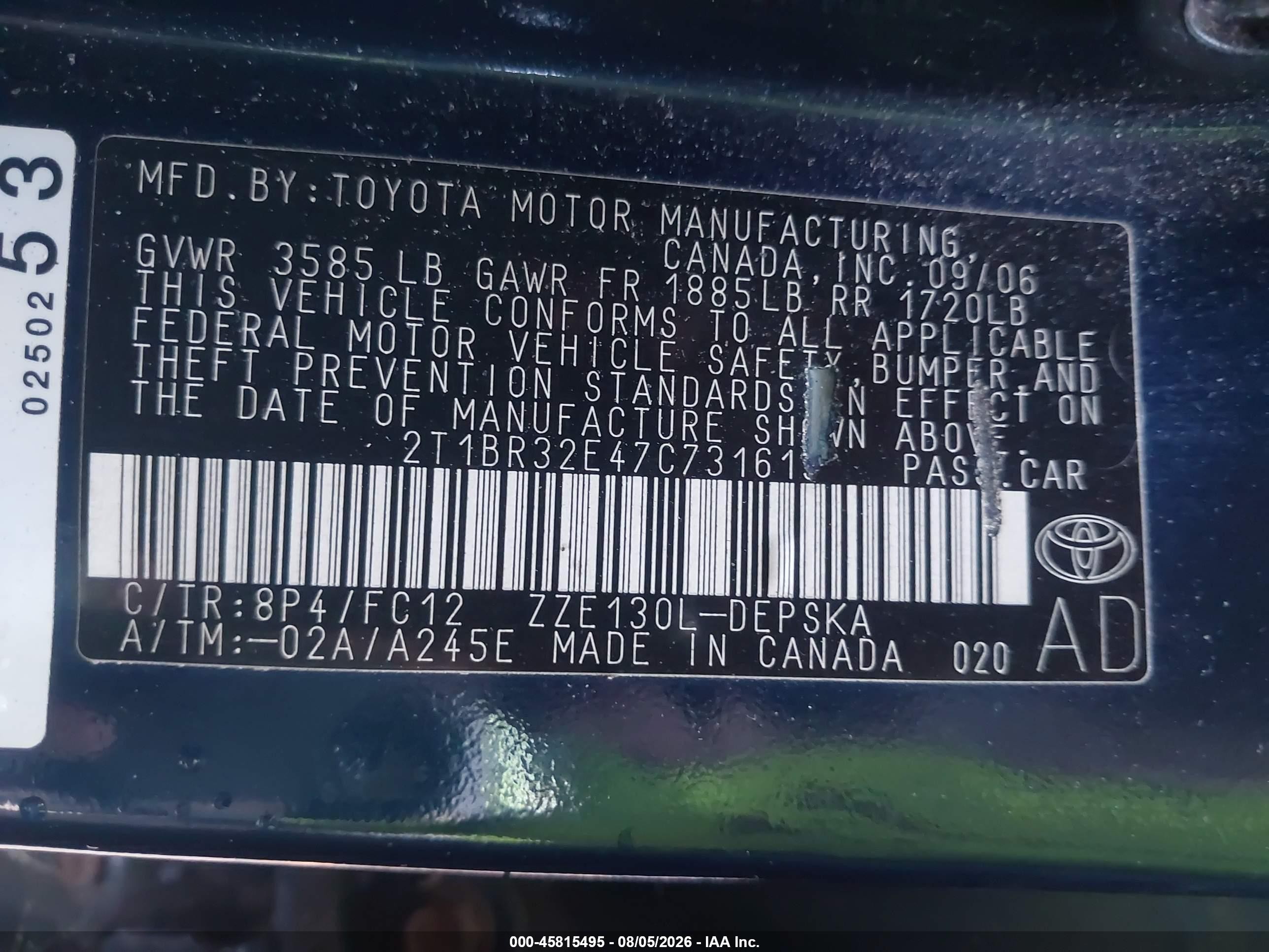 2007 Toyota Corolla S Синий vin: 2T1BR32E47C731619