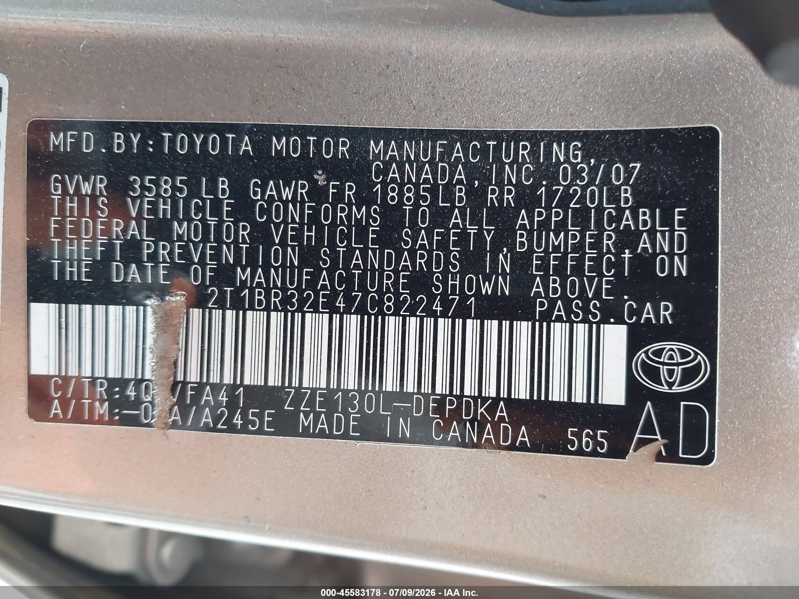2007 Toyota Corolla Ce Champagne vin: 2T1BR32E47C822471