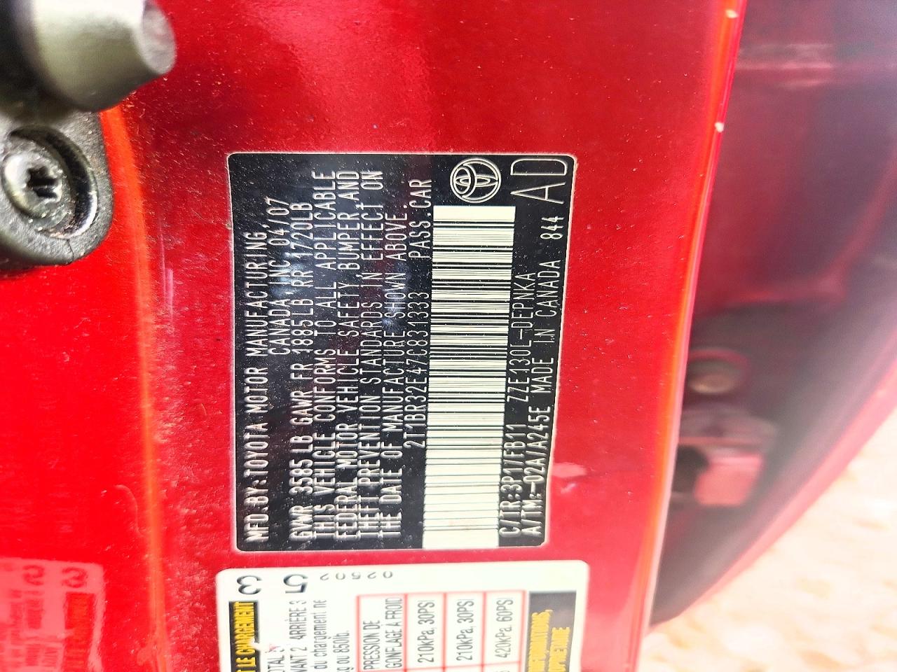 2007 Toyota Corolla Le Red vin: 2T1BR32E47C831333