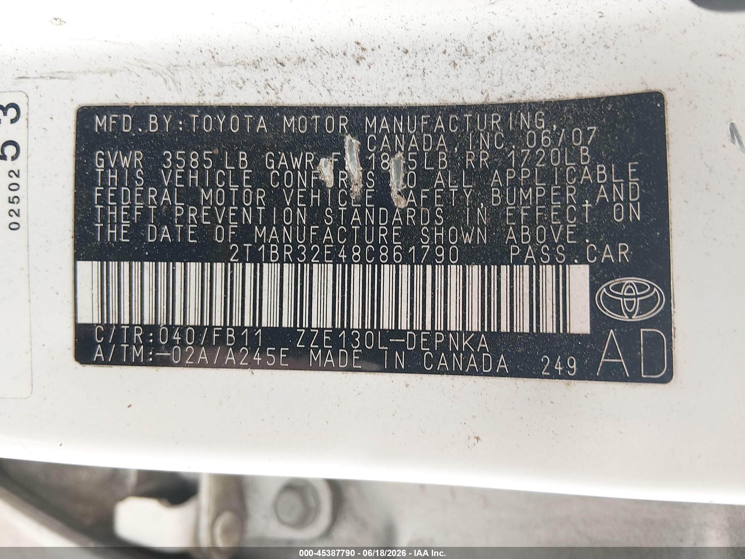 2008 Toyota Corolla Le White vin: 2T1BR32E48C861790