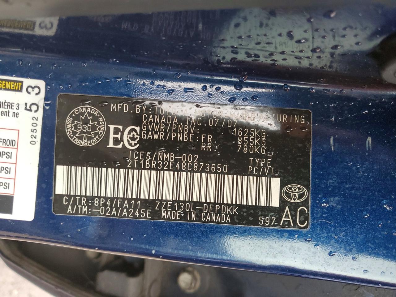 2008 Toyota Corolla Ce Blue vin: 2T1BR32E48C873650