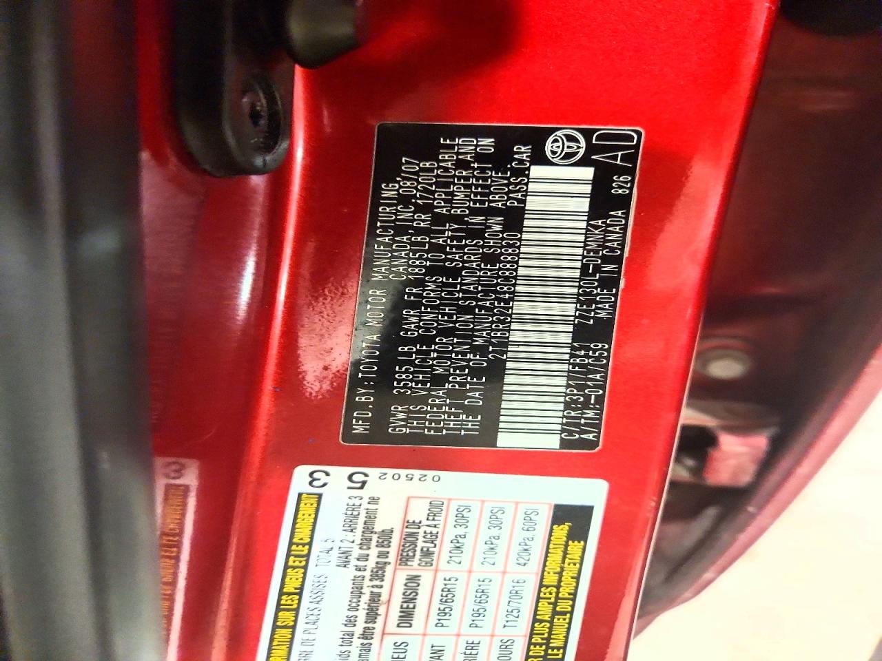 2008 Toyota Corolla Le Red vin: 2T1BR32E48C888830