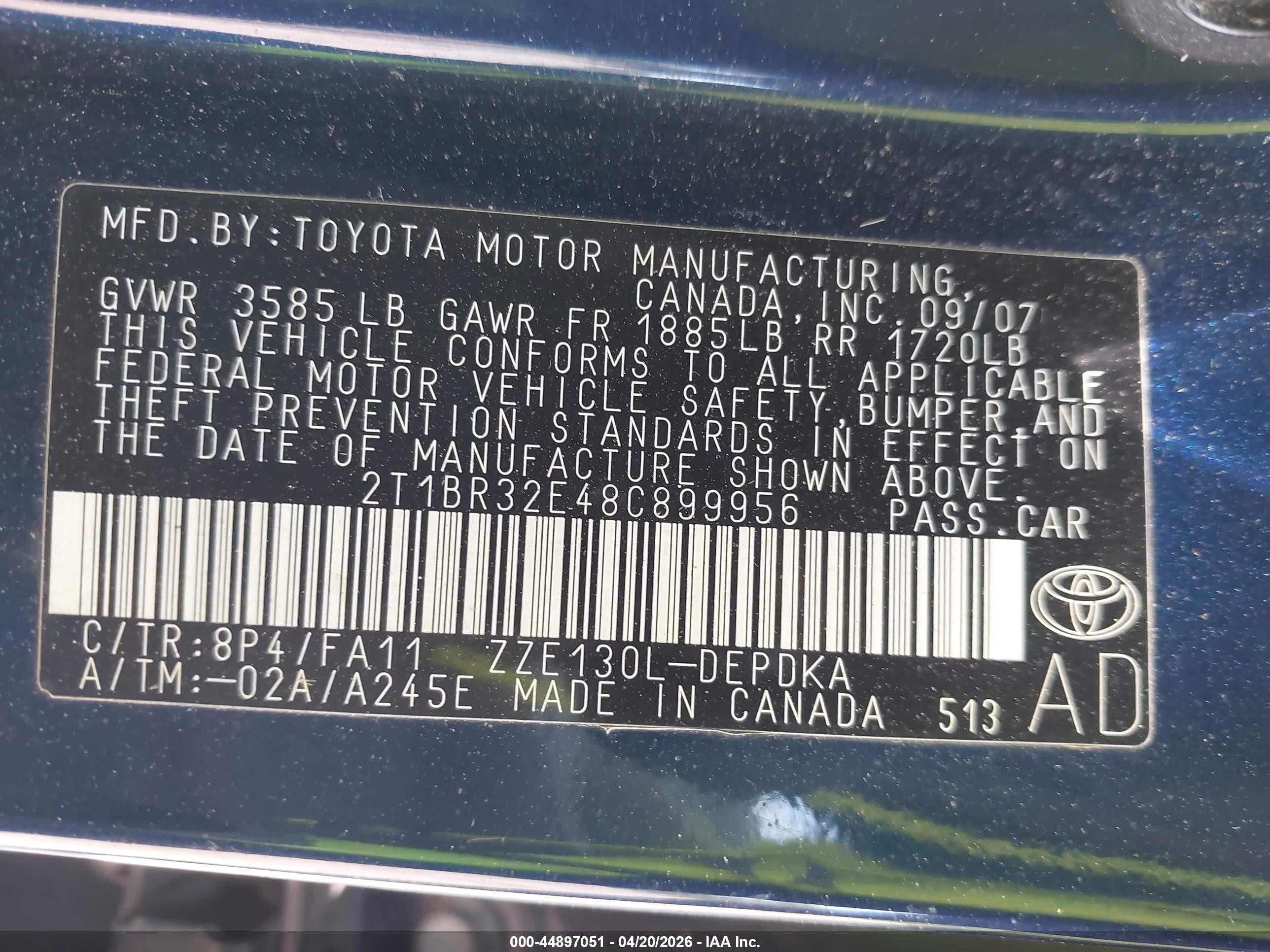 2008 Toyota Corolla Ce Blue vin: 2T1BR32E48C899956