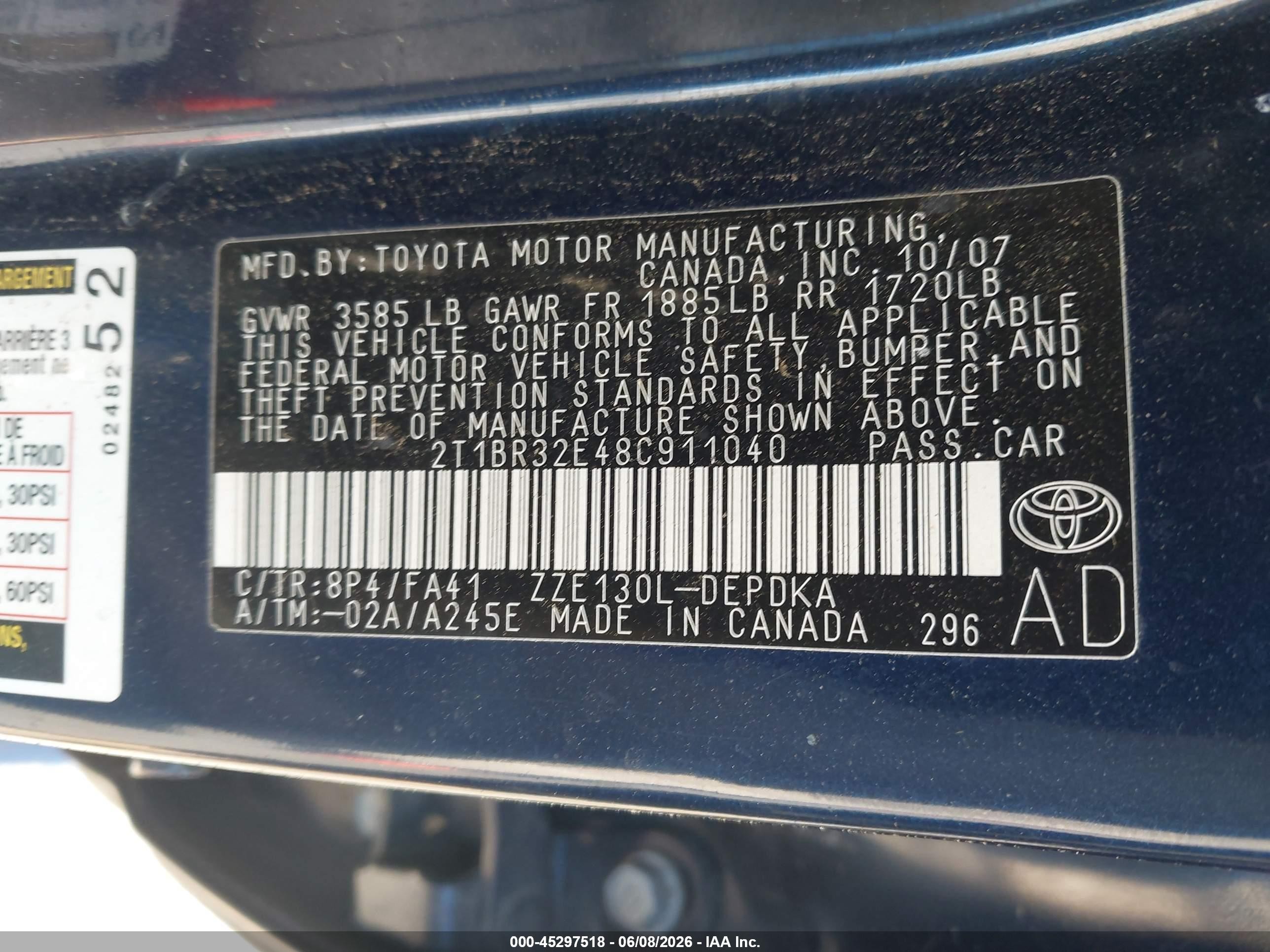 2008 Toyota Corolla Ce Blue vin: 2T1BR32E48C911040