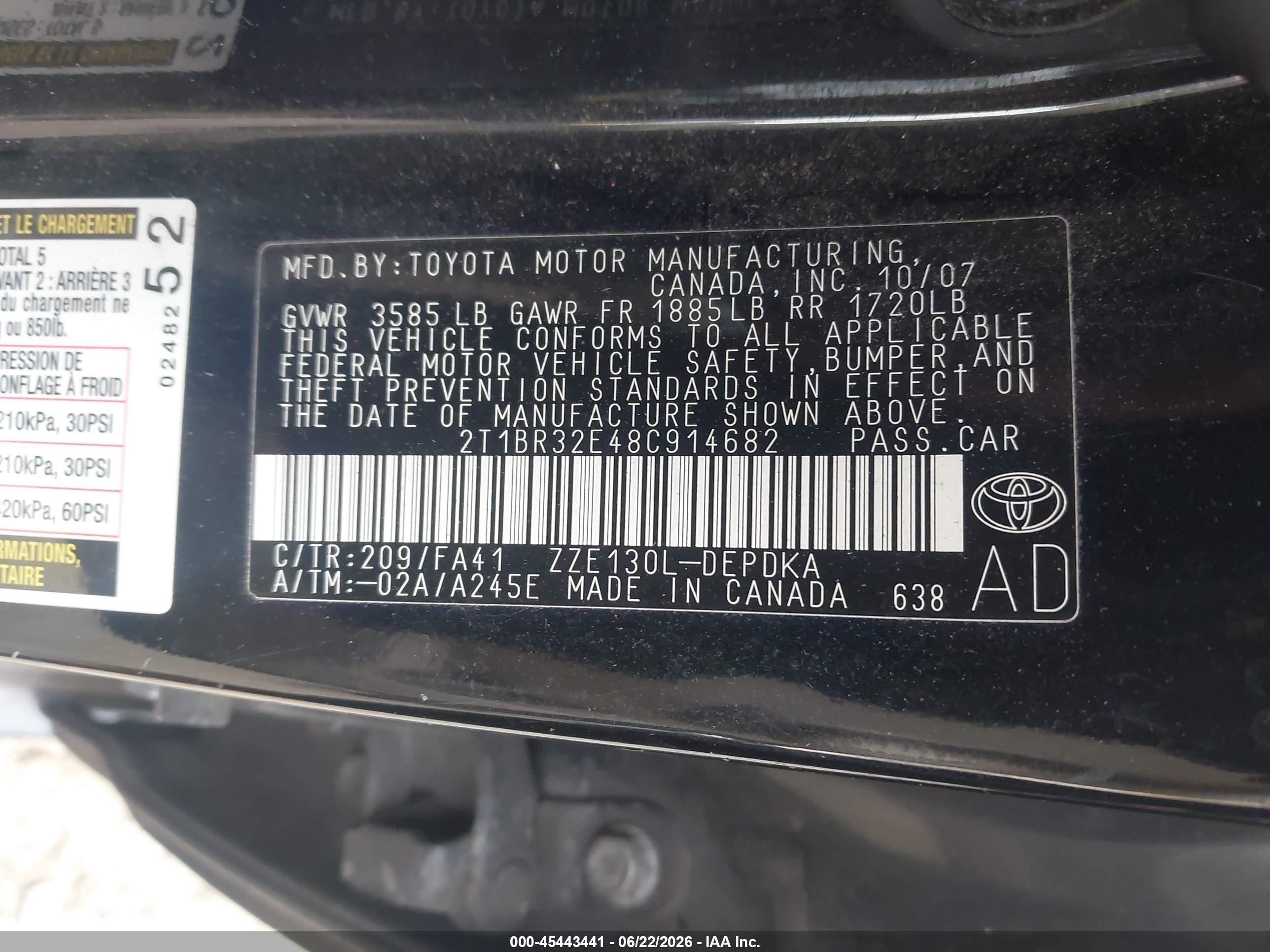 2008 Toyota Corolla Ce Black vin: 2T1BR32E48C914682